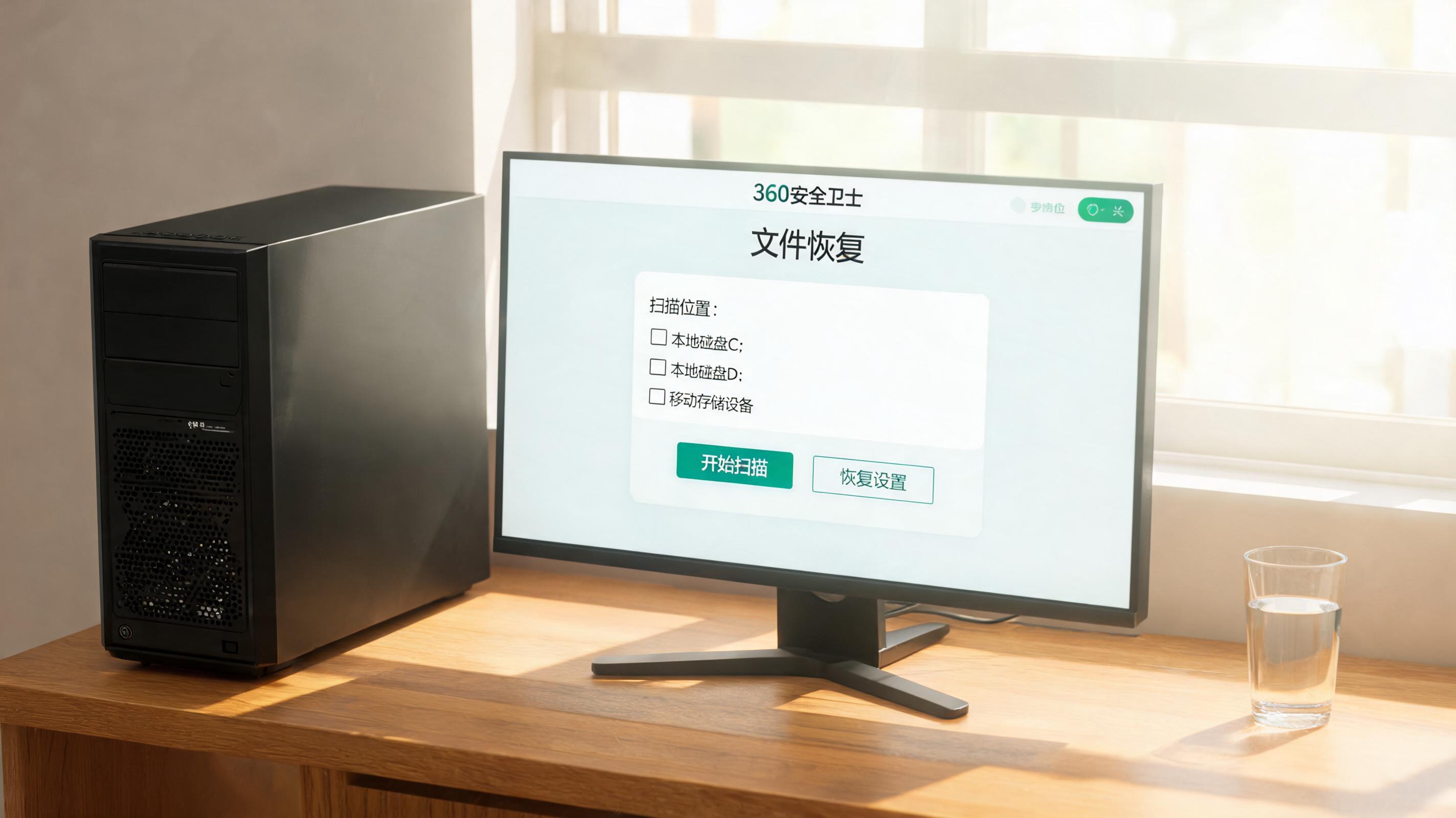 书桌上的主机，屏幕显示360 安全卫士文件恢复功能设置界面，桌角放着水杯，自然光