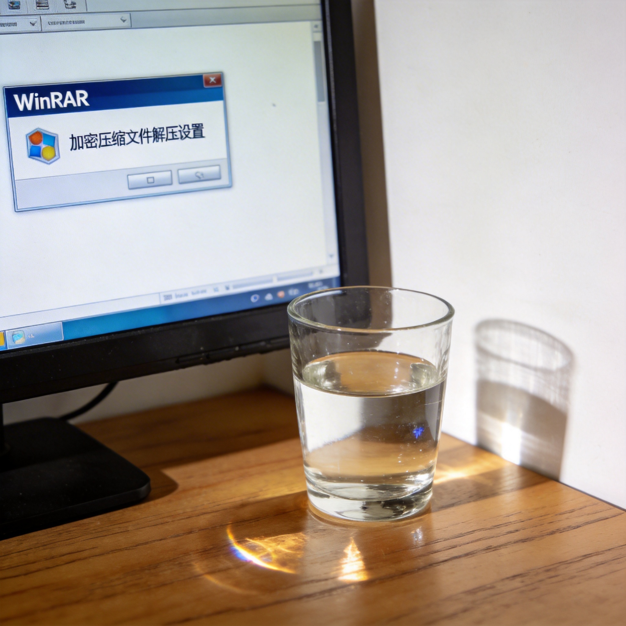 书桌上的电脑，屏幕显示winrar 加密压缩文件解压设置界面，桌角放着水杯，自然光