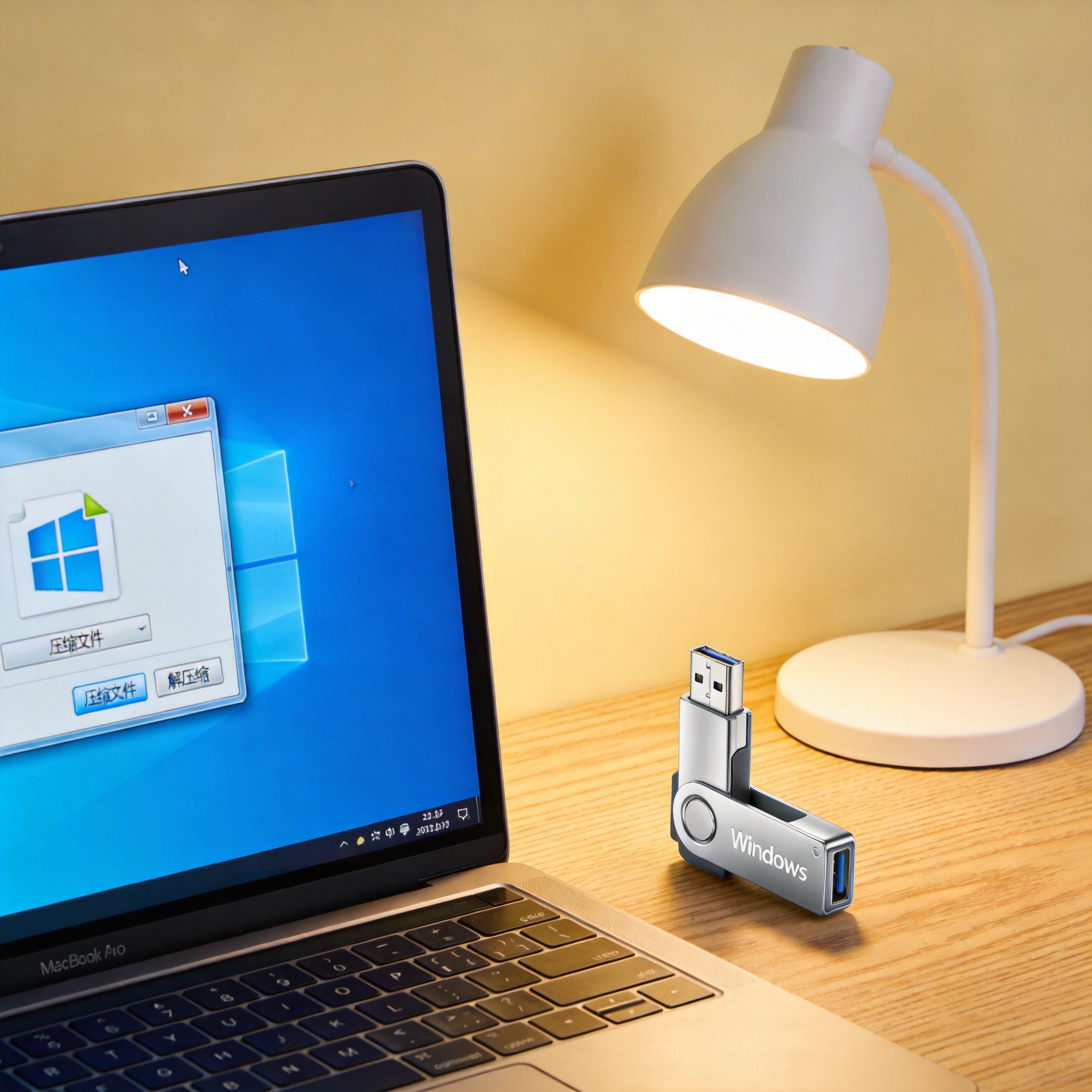 电脑桌上的U盘，屏幕显示电脑 win 压缩解压缩软件界面，旁边放着台灯