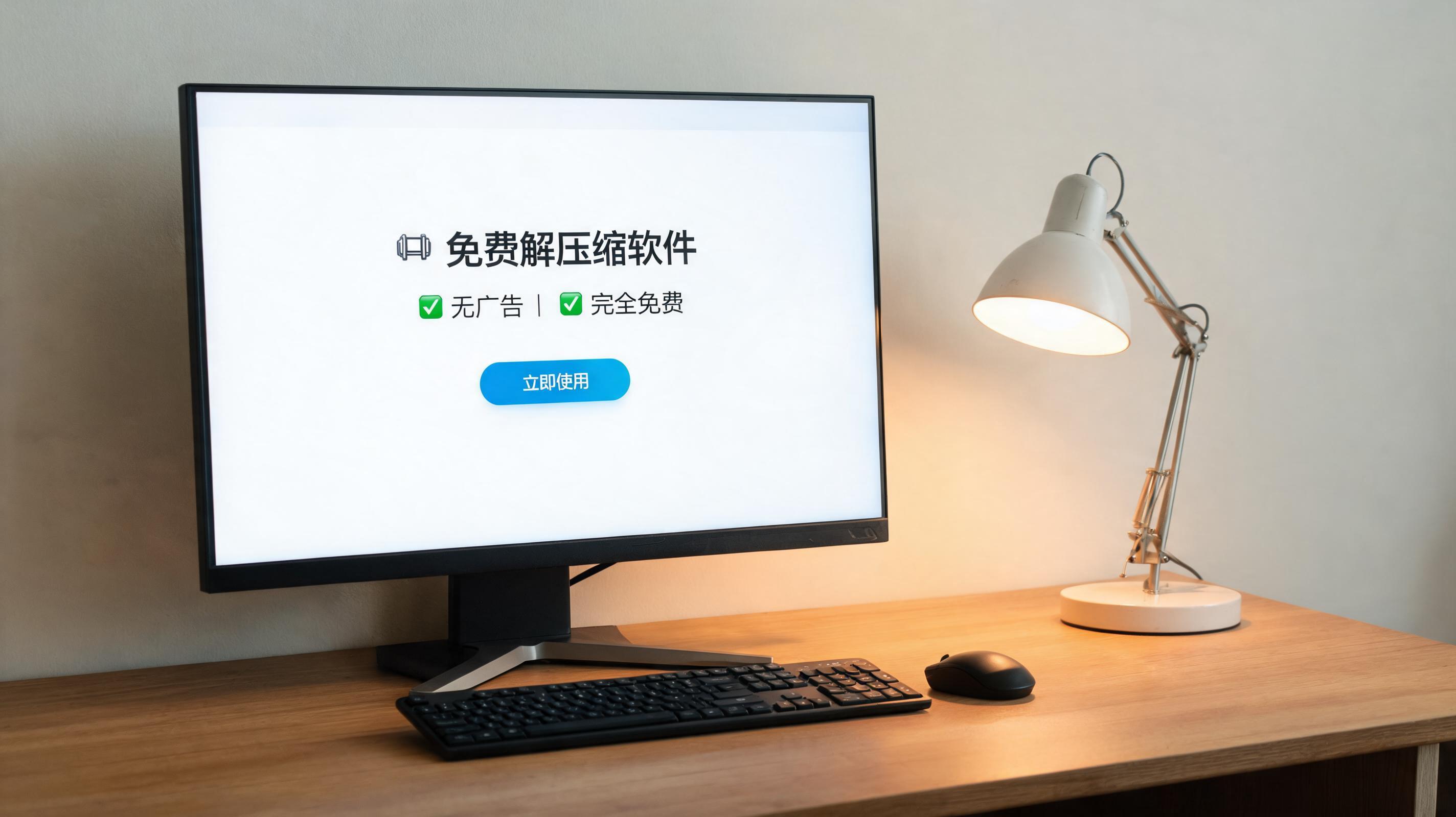 电脑桌上的电脑，屏幕显示无广告解压缩软件免费界面，旁边放着台灯