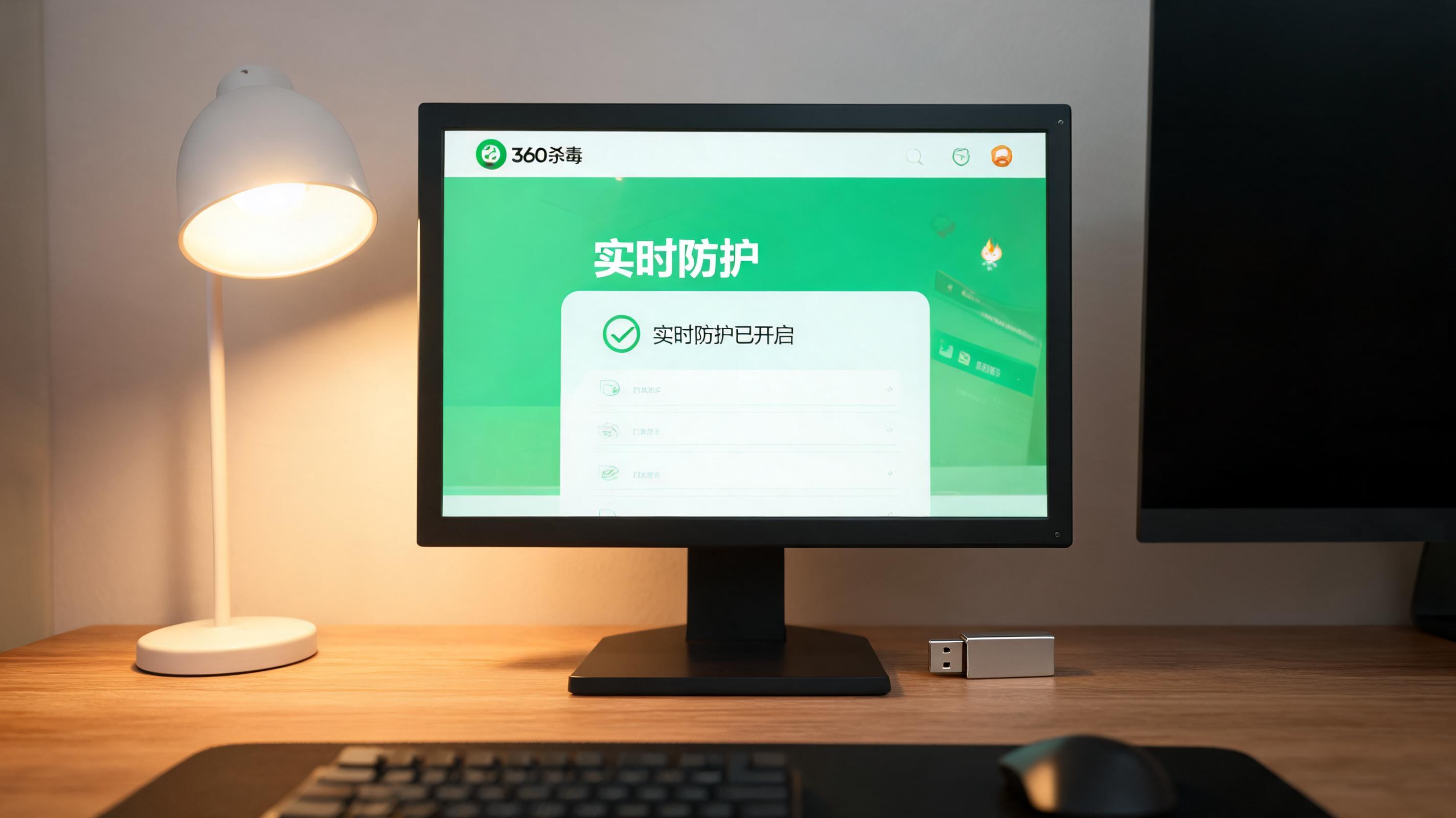 电脑桌上的U盘，屏幕显示360 杀毒实时防护功能界面，旁边放着台灯