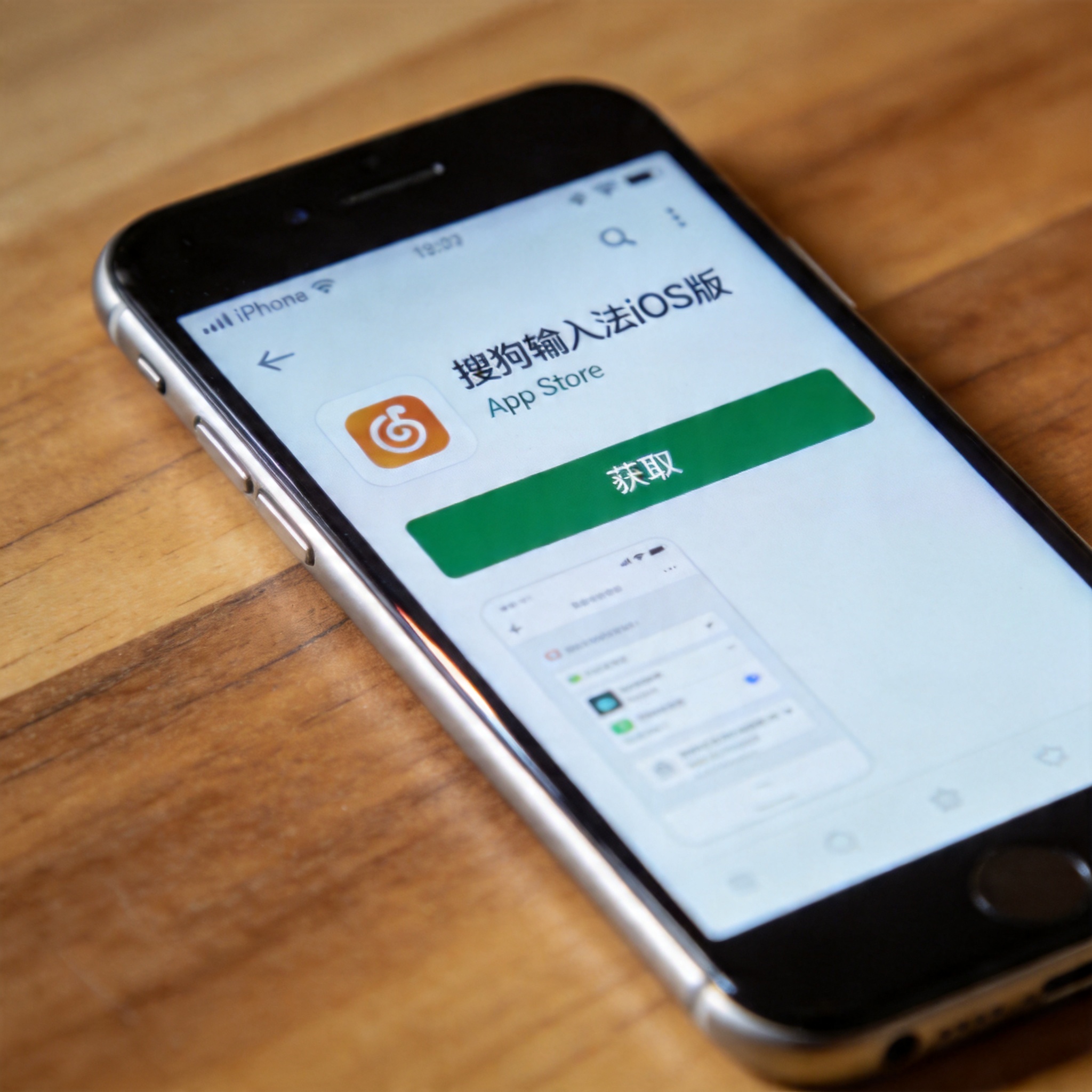 桌面放着iPhone，屏幕显示App Store里的搜狗输入法iOS版下载界面，下方有获取按钮，室内自然光