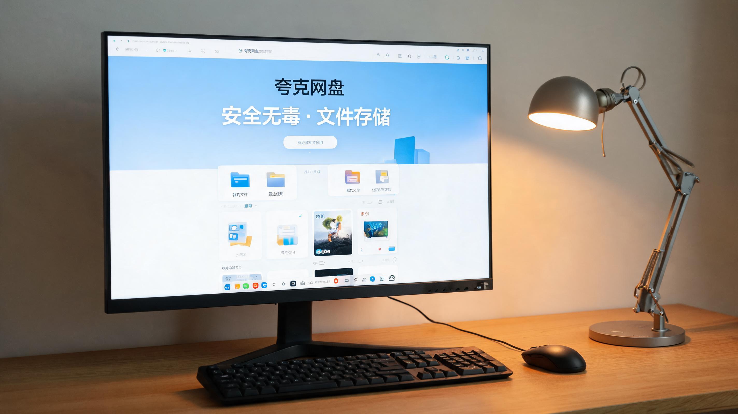 电脑桌上的电脑，屏幕显示夸克网盘安全无毒文件存储界面，旁边放着台灯