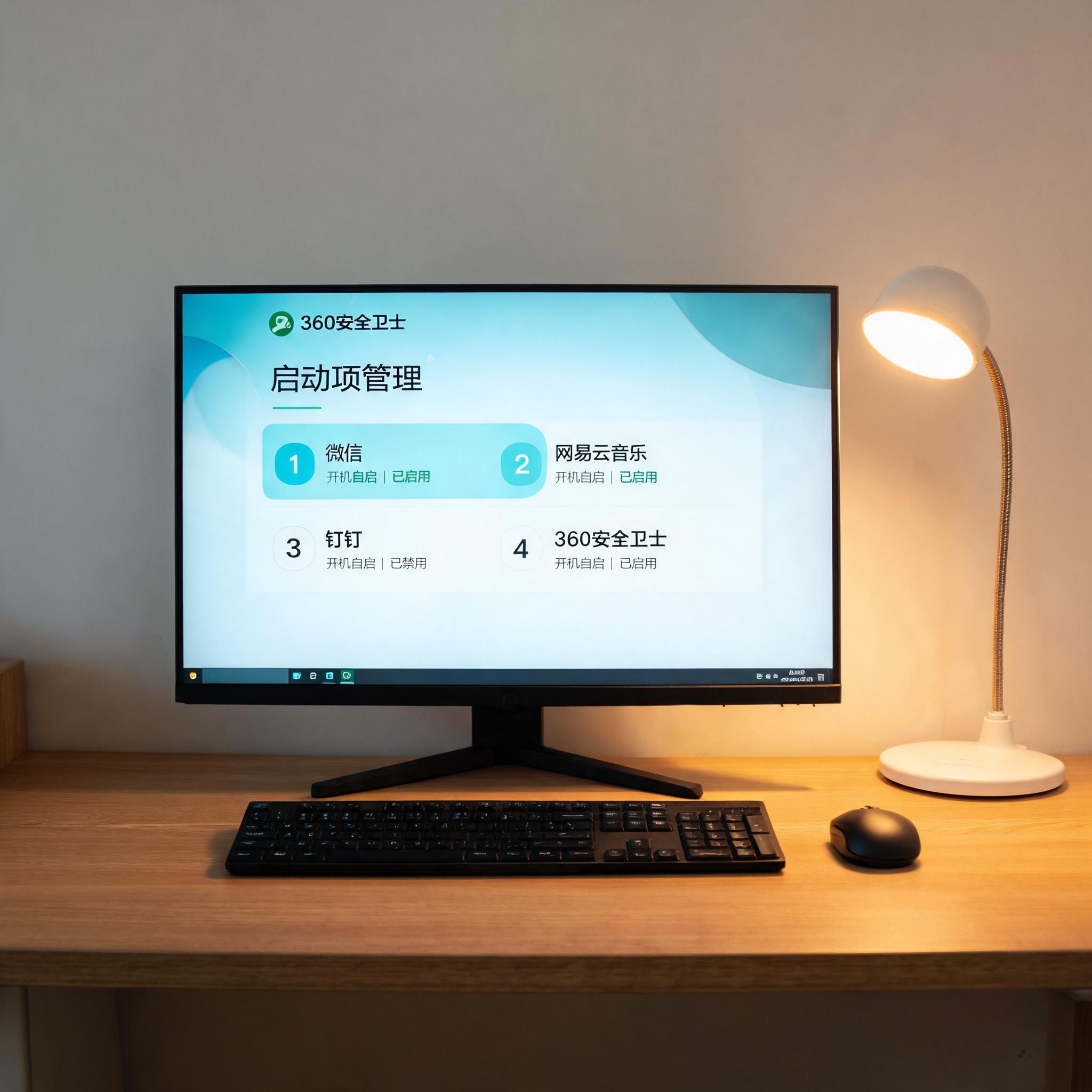 电脑桌上的电脑，屏幕显示360启动项，旁边放着台灯