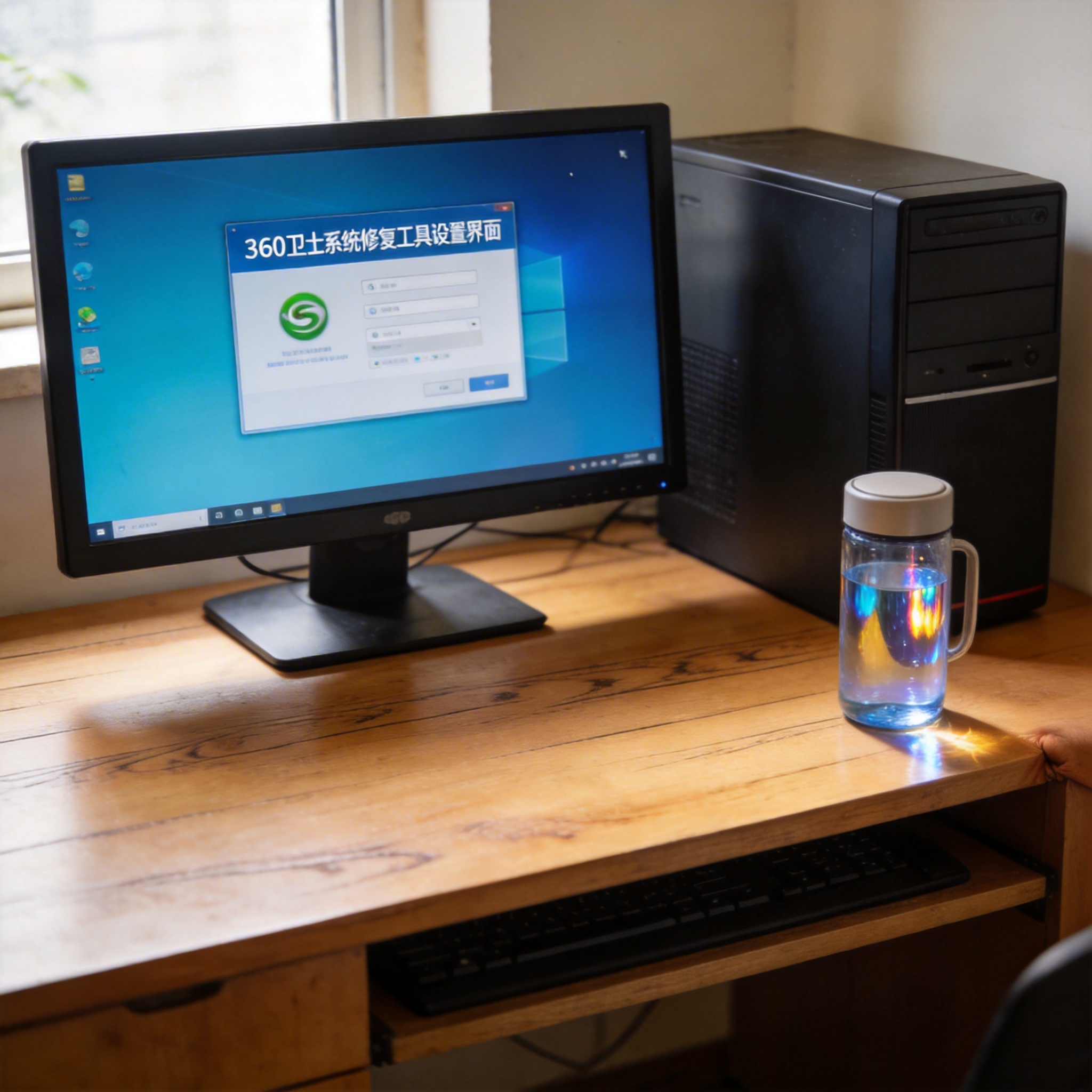 书桌上的主机，屏幕显示360 卫士系统修复工具设置界面，桌角放着水杯，自然光