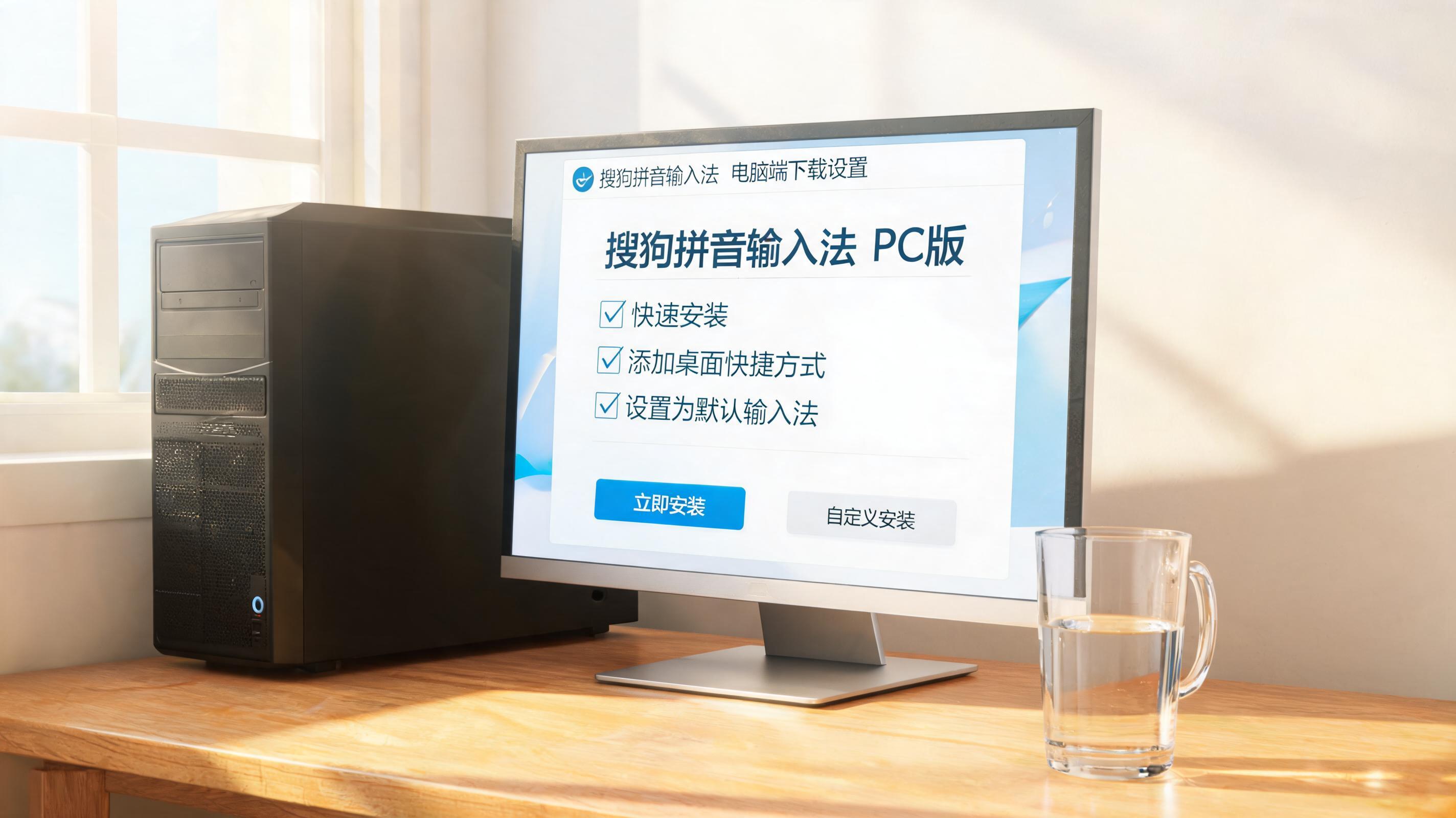 书桌上的主机，屏幕显示搜狗拼音输入法电脑端下载设置界面，桌角放着水杯，自然光
