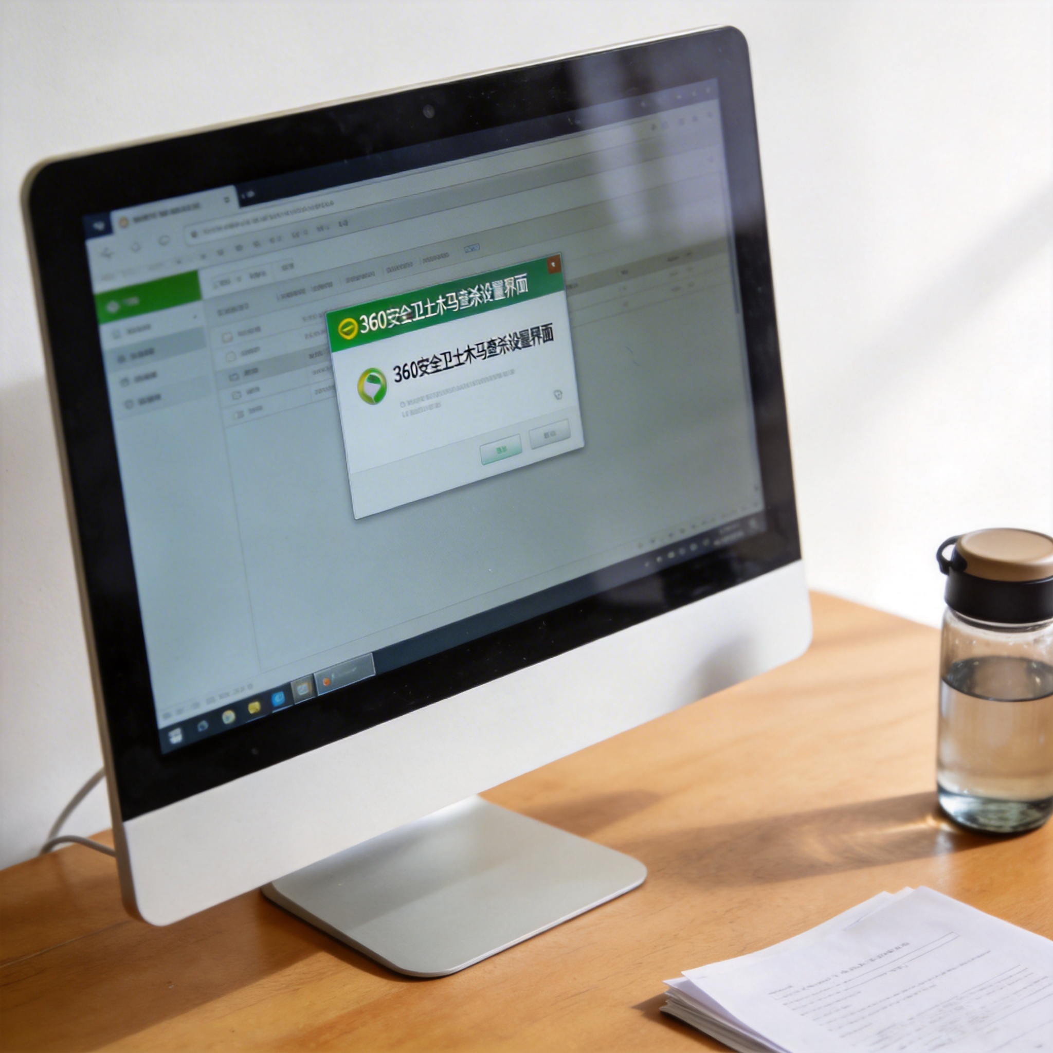 书桌上的电脑，屏幕显示360 安全卫士木马查杀设置界面，桌角放着水杯，自然光