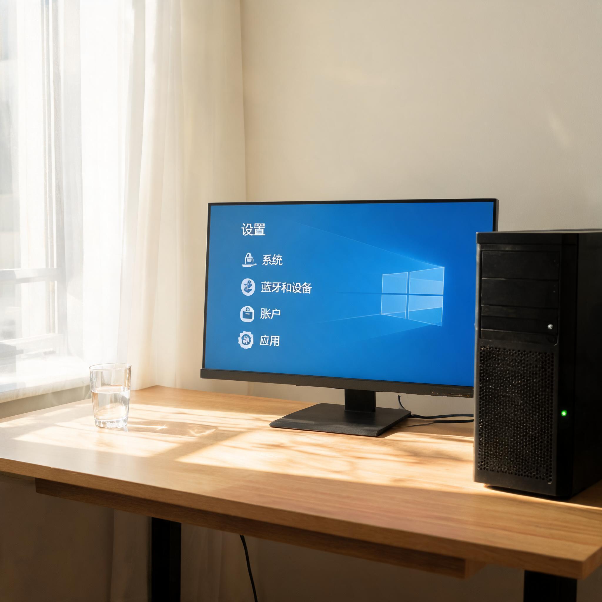 书桌上的主机，屏幕显示Windows设置界面，桌角放着水杯，自然光
