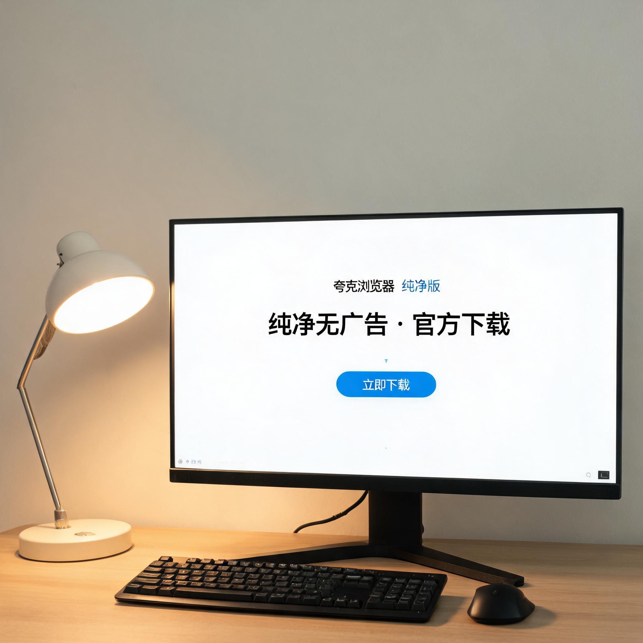 电脑桌上的电脑，屏幕显示夸克浏览器纯净版无广告下载界面，旁边放着台灯