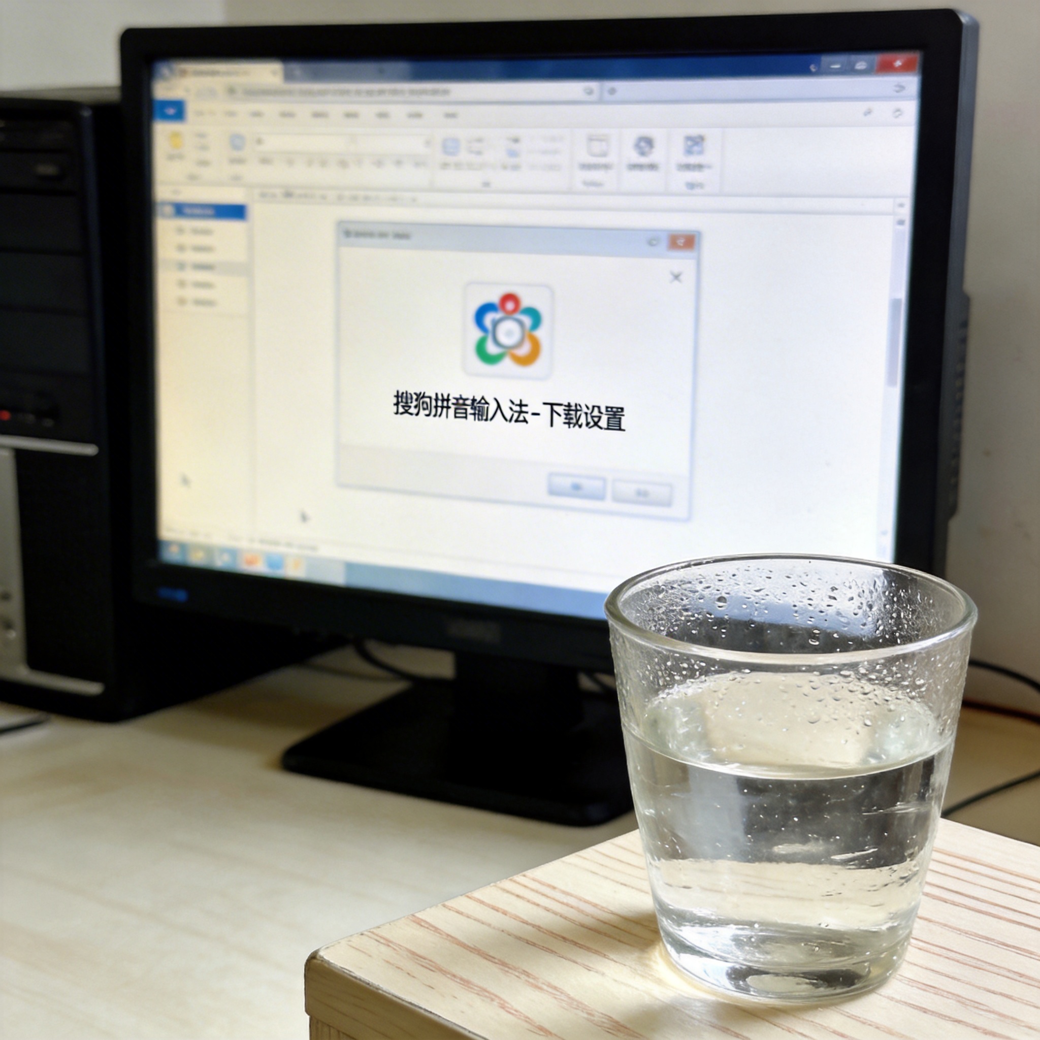 书桌上的主机，屏幕显示搜狗拼音下载设置界面，桌角放着水杯，自然光