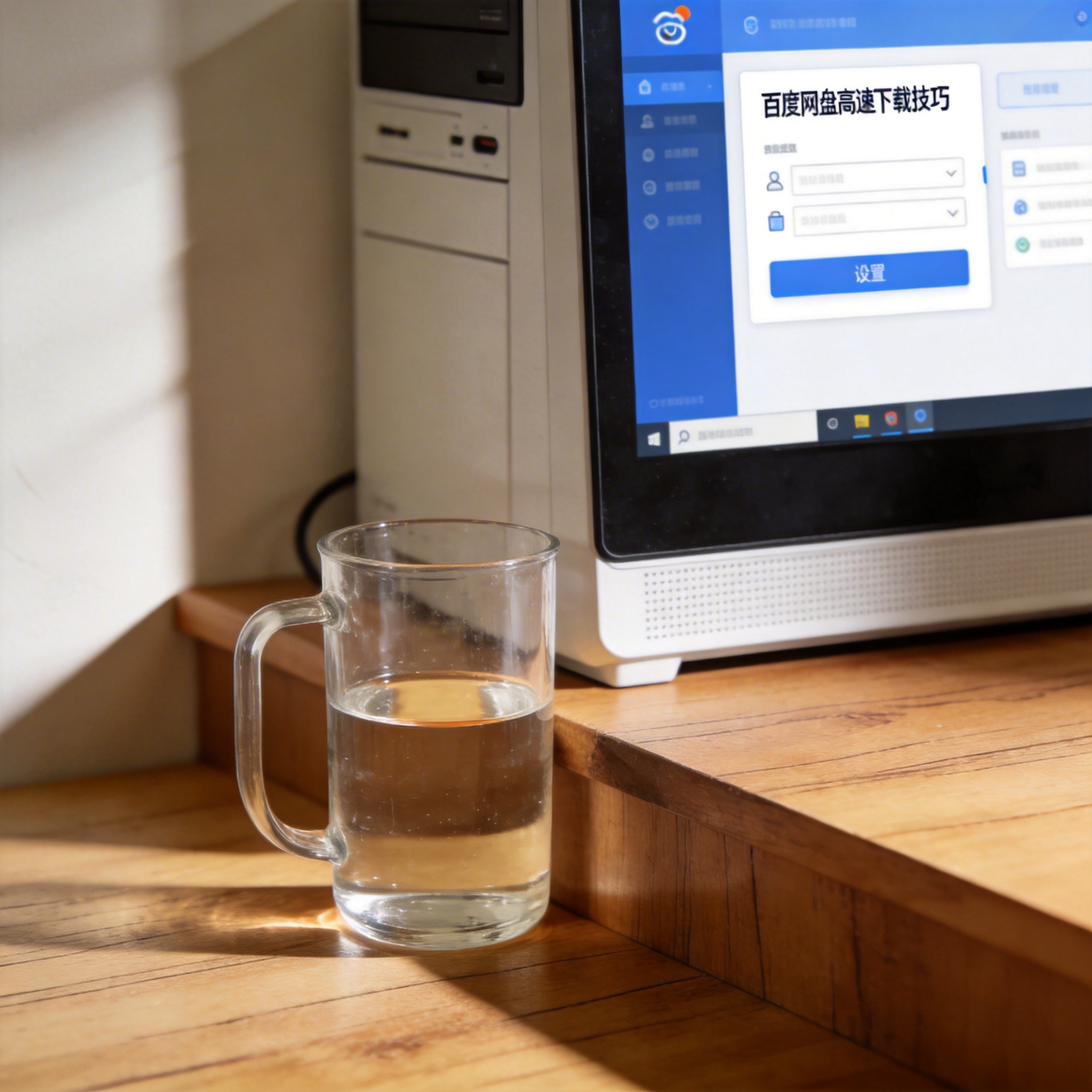 书桌上的主机，屏幕显示百度网盘高速下载技巧设置界面，桌角放着水杯，自然光