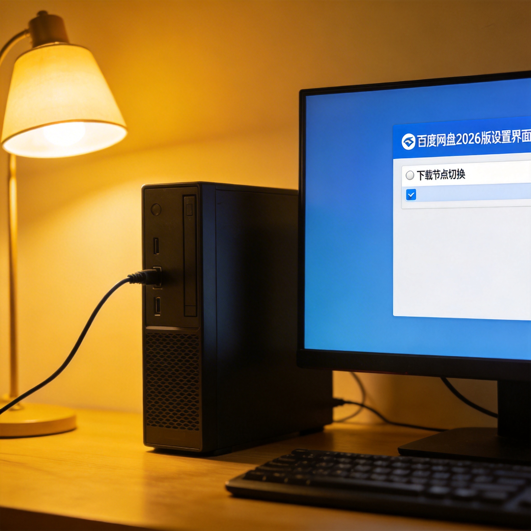 桌面的电脑屏幕显示百度网盘2026版设置界面，页面显示下载节点切换选项，机箱旁有一根网线，台灯暖光