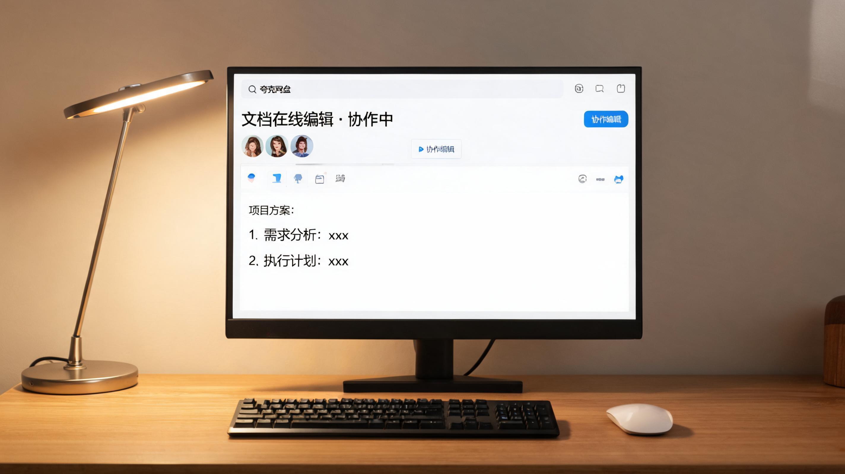 电脑桌上的电脑，屏幕显示夸克网盘文档在线编辑协作界面，旁边放着台灯