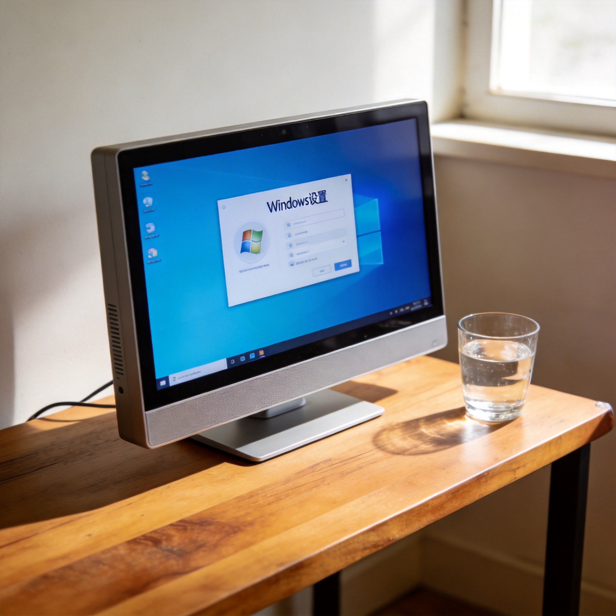 书桌上的主机，屏幕显示Windows设置界面，桌角放着水杯，自然光
