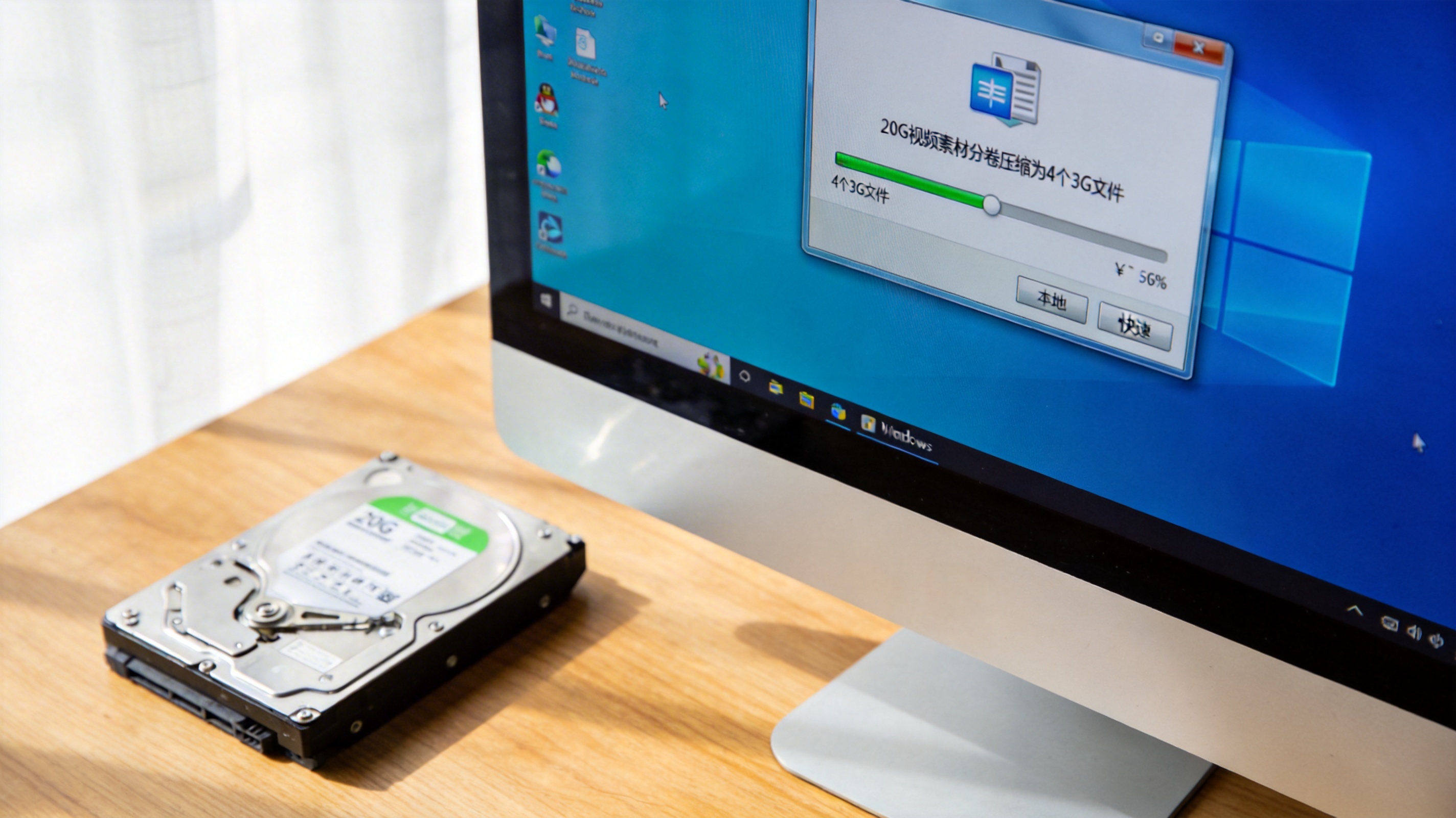 电脑桌的Windows系统电脑，屏幕显示大文件压缩解压缩工具窗口，显示20G视频素材分卷压缩为4个3G文件的进度，旁边放着本地硬盘，室内自然光