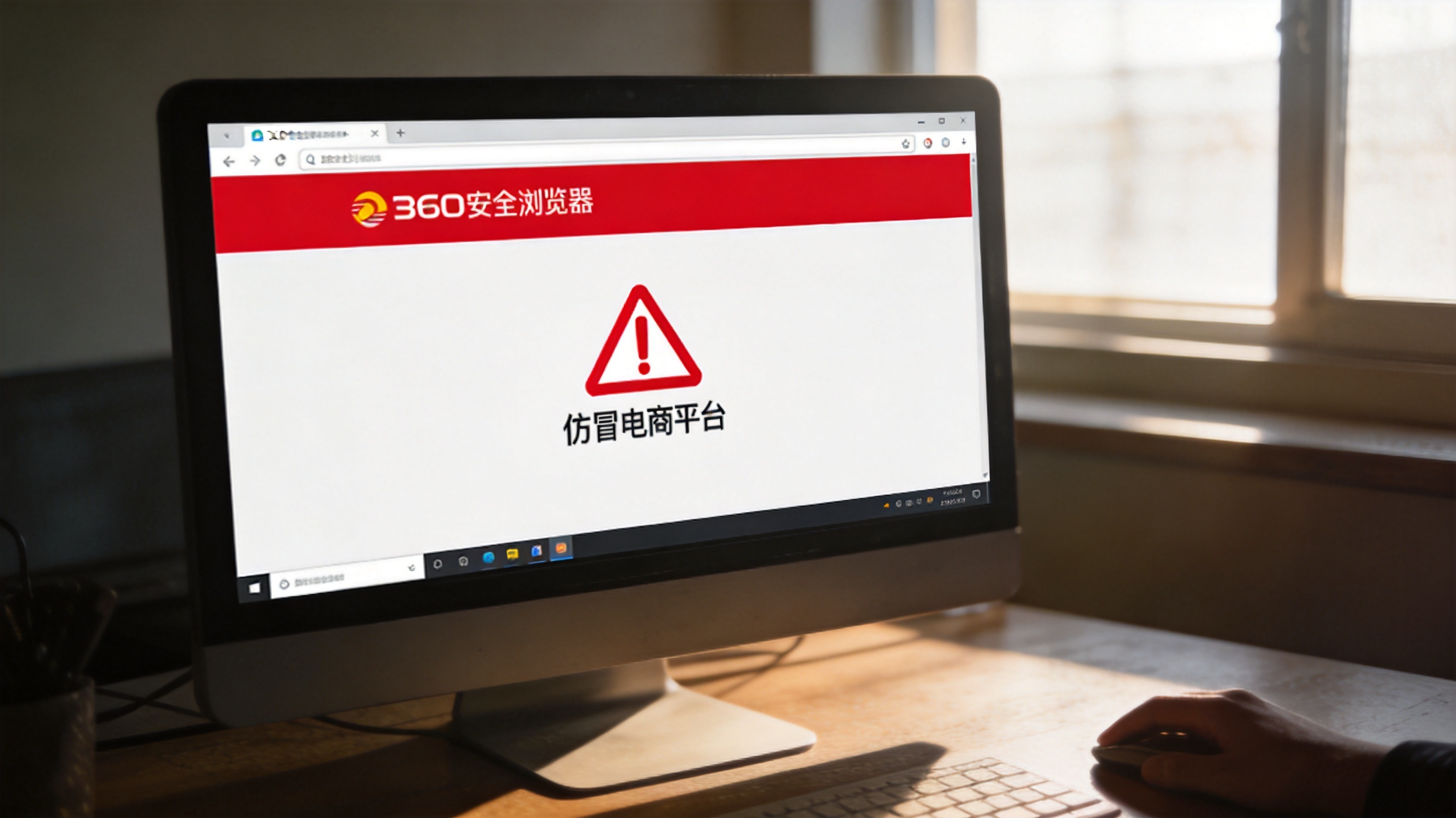 电脑桌面，屏幕显示360安全浏览器的红色警示页面，标注“仿冒电商平台”风险，室内自然光