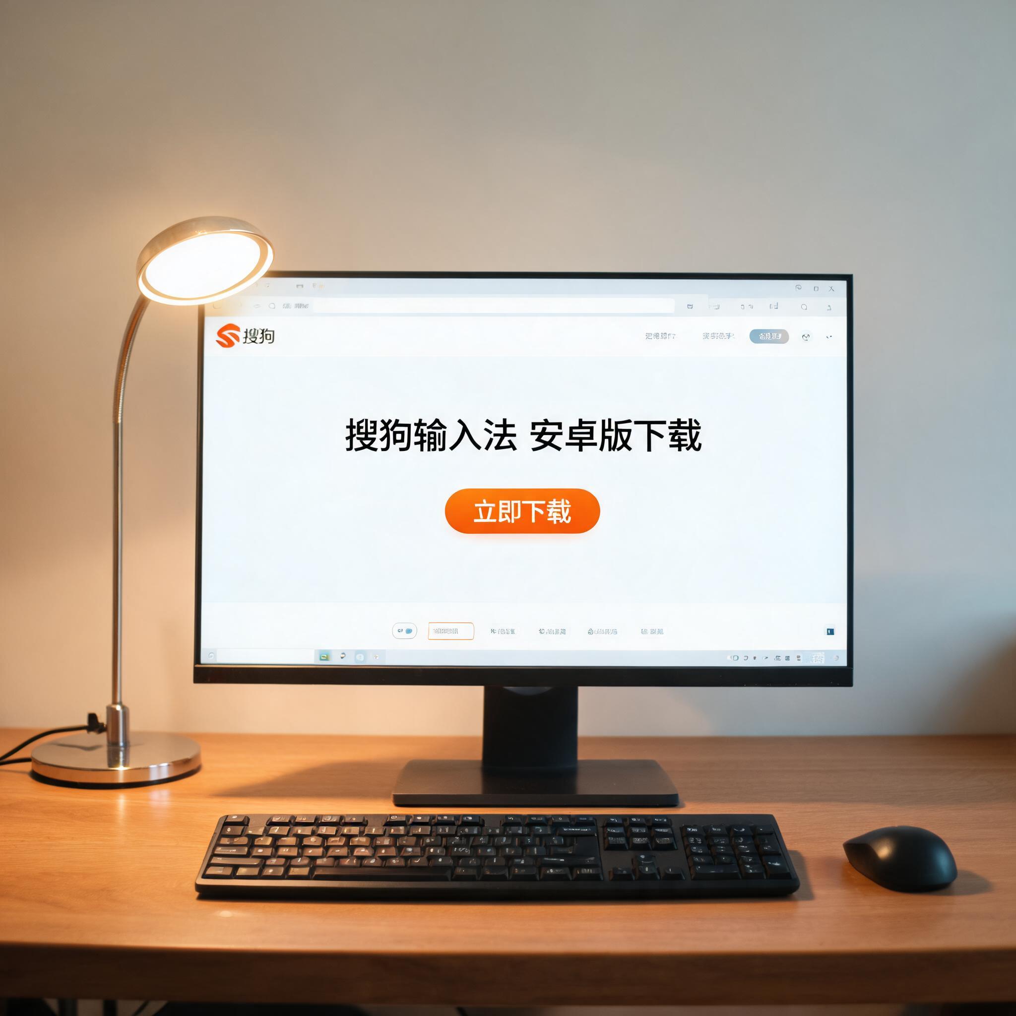 电脑桌上的键盘，屏幕显示搜狗输入法安卓版下载界面，旁边放着台灯