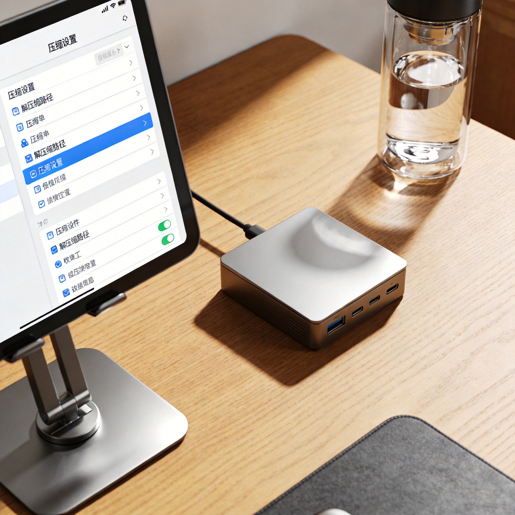 书桌上的主机，屏幕显示手机文件压缩解压缩软件设置界面，桌角放着水杯，自然光