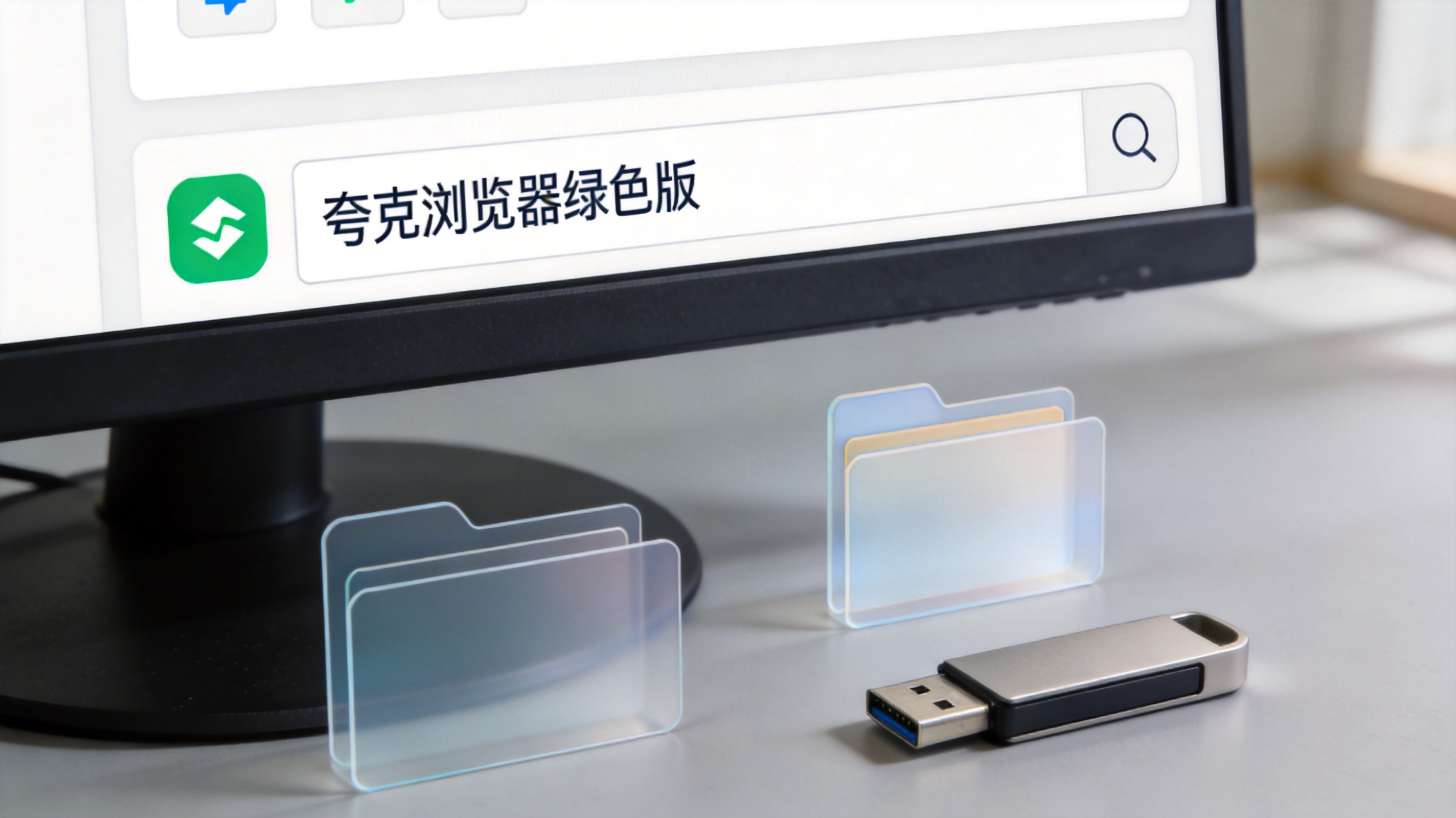 电脑桌面，屏幕显示夸克浏览器绿色版的搜索界面，旁边放着U盘，桌面还有半透明的文件夹图标，室内自然光