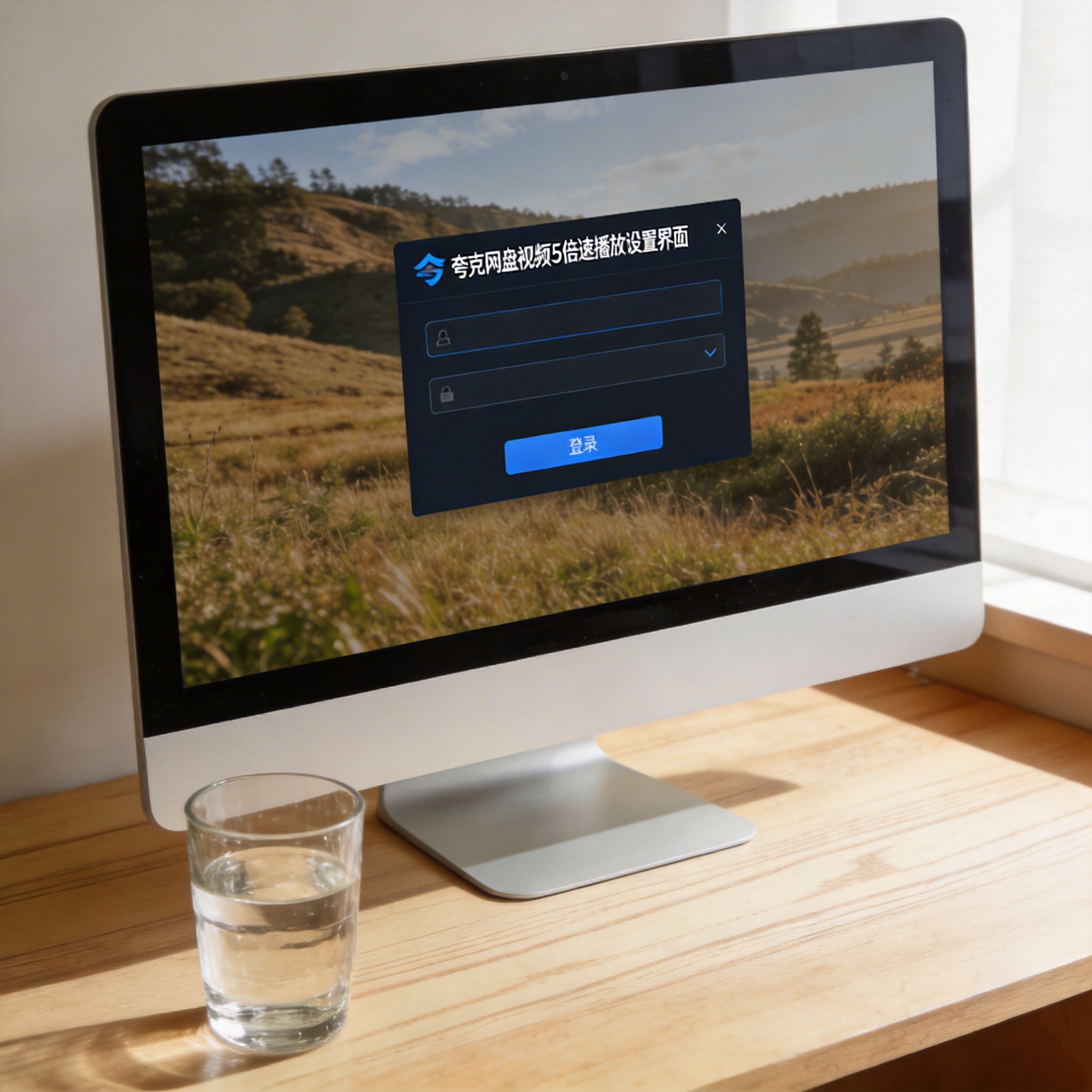 书桌上的电脑，屏幕显示夸克网盘视频 5 倍速播放设置界面，桌角放着水杯，自然光