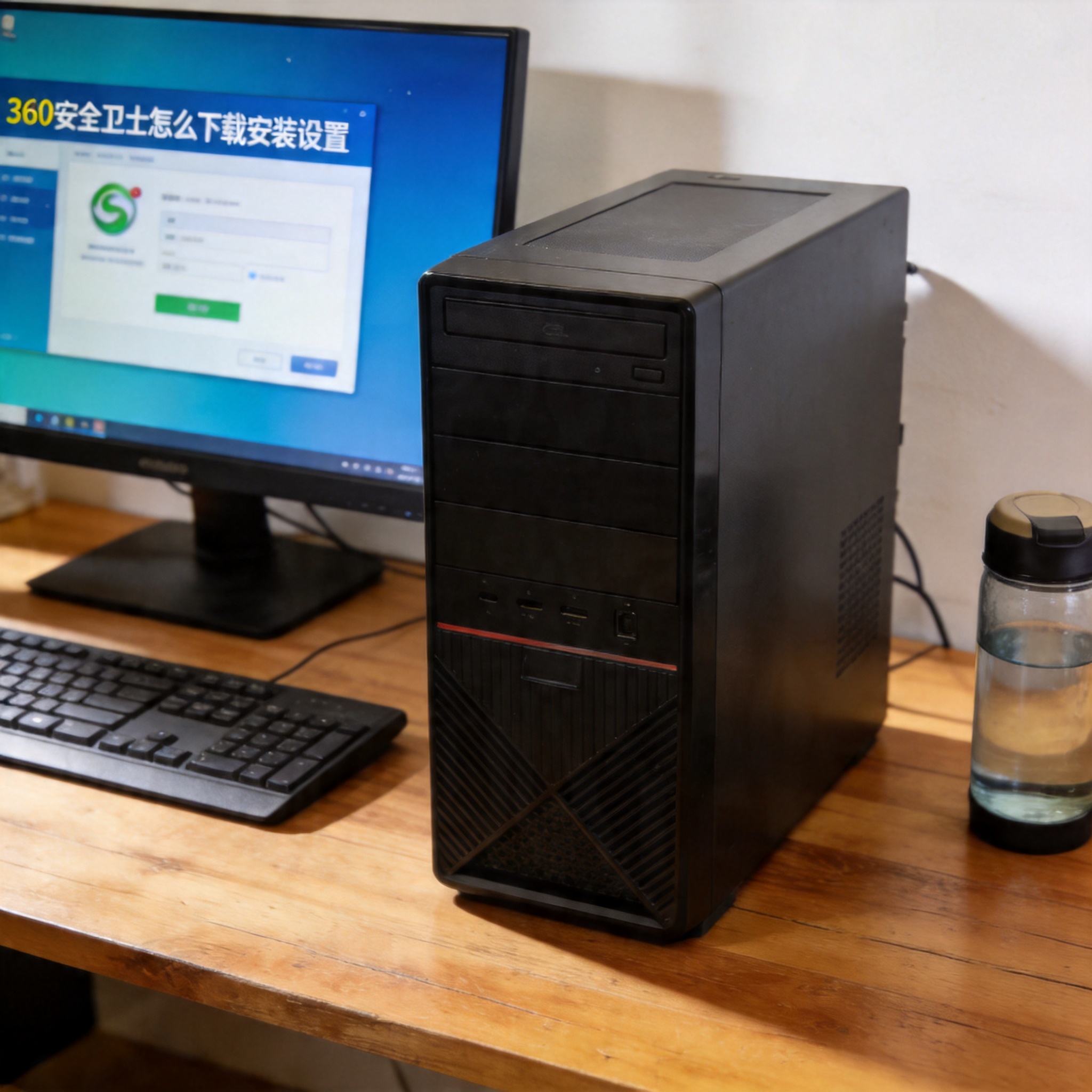 书桌上的主机，屏幕显示360 安全卫士怎么下载安装设置界面，桌角放着水杯，自然光