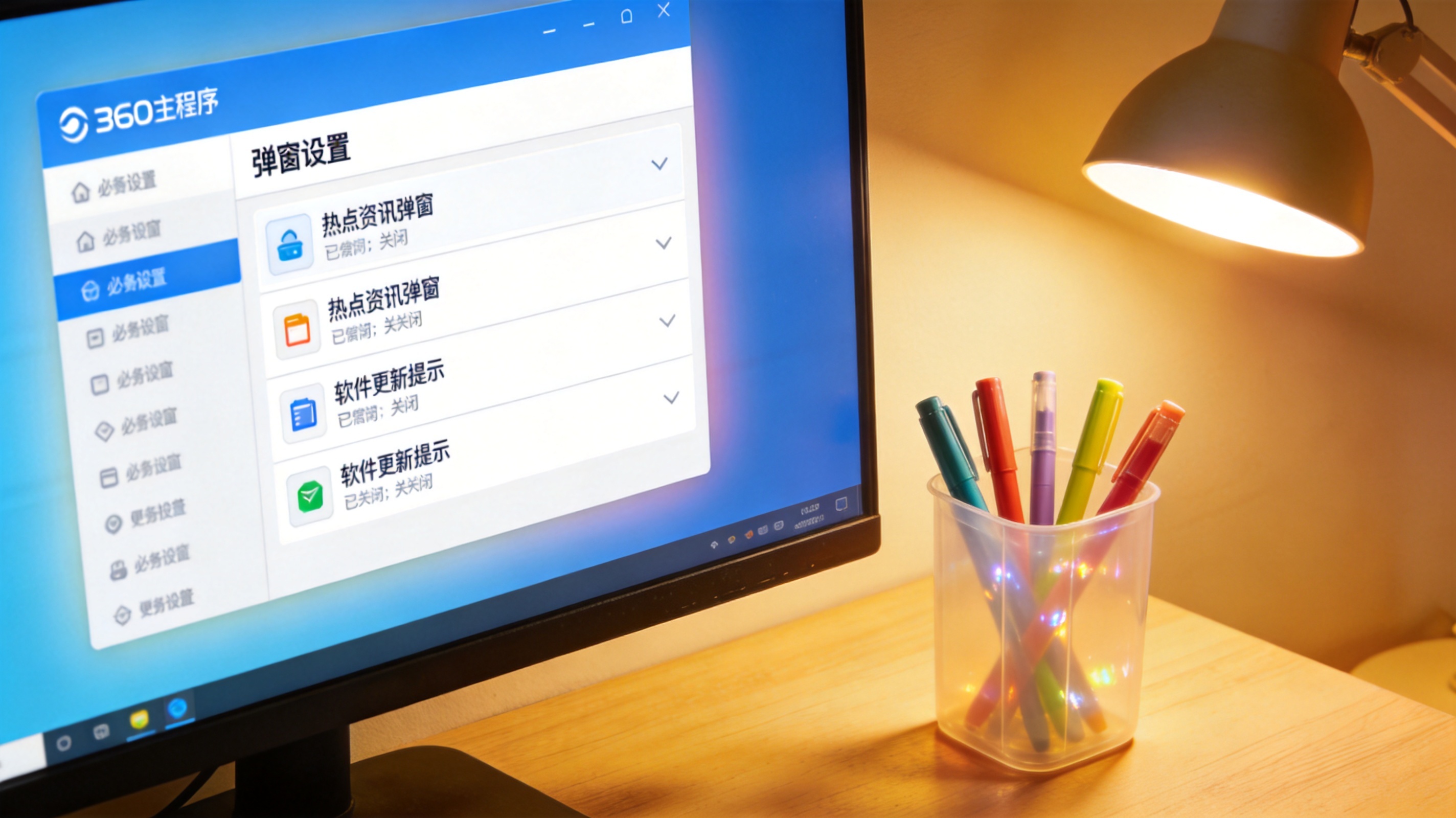 电脑屏幕显示360主程序的“弹窗设置”界面，多个非必要弹窗选项已设为关闭，桌面角落有个塑料笔筒，台灯暖光