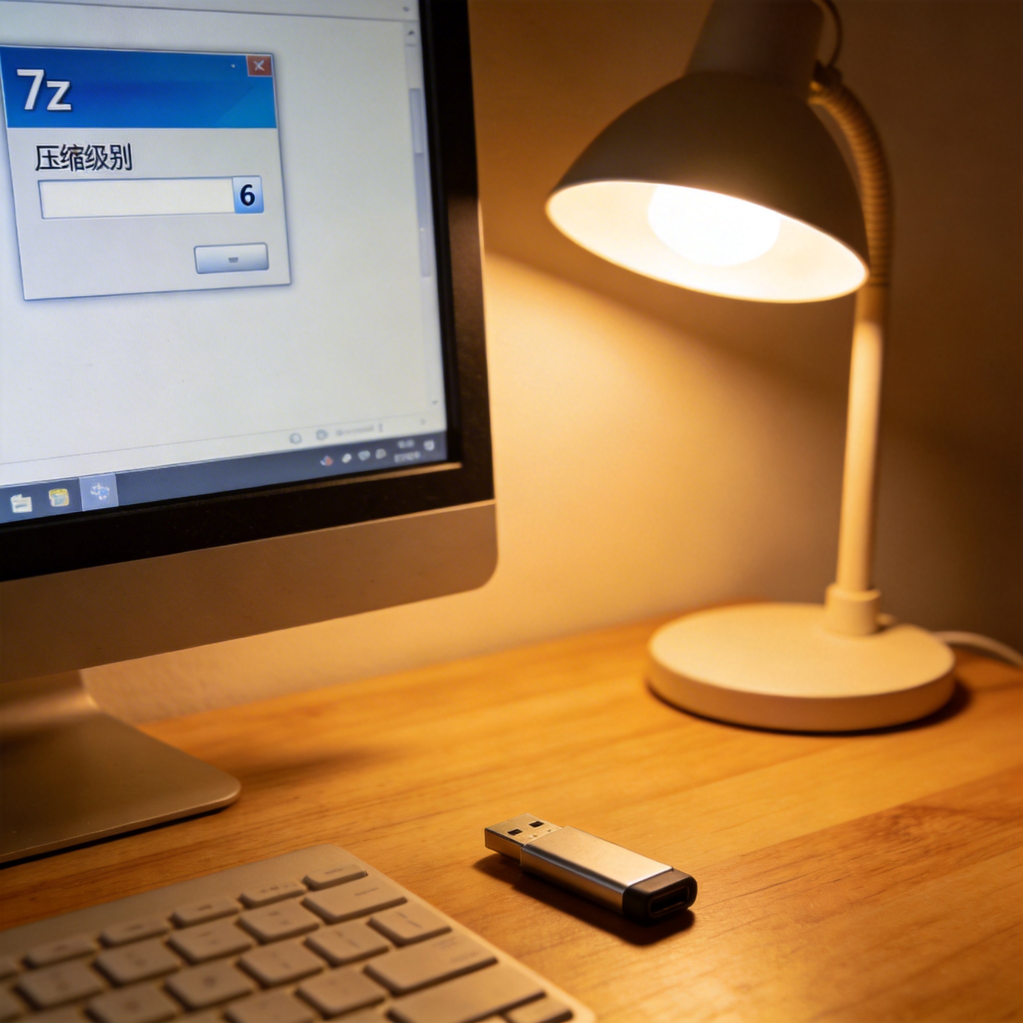 办公桌面的电脑，屏幕显示7z压缩软件界面，压缩级别设为6，旁边放着U盘，台灯暖光