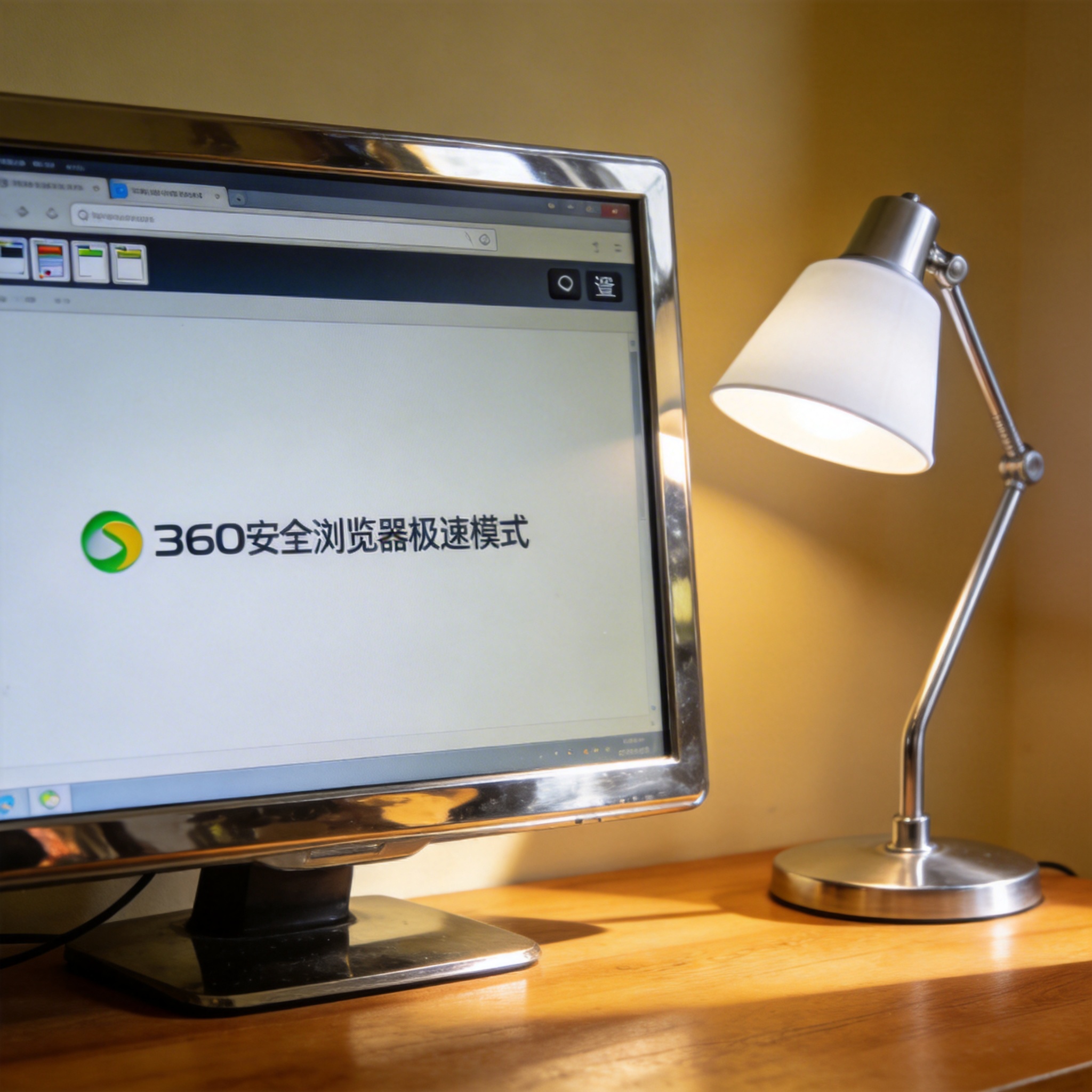 电脑桌上的电脑，屏幕显示360 安全浏览器极速模式界面，旁边放着台灯