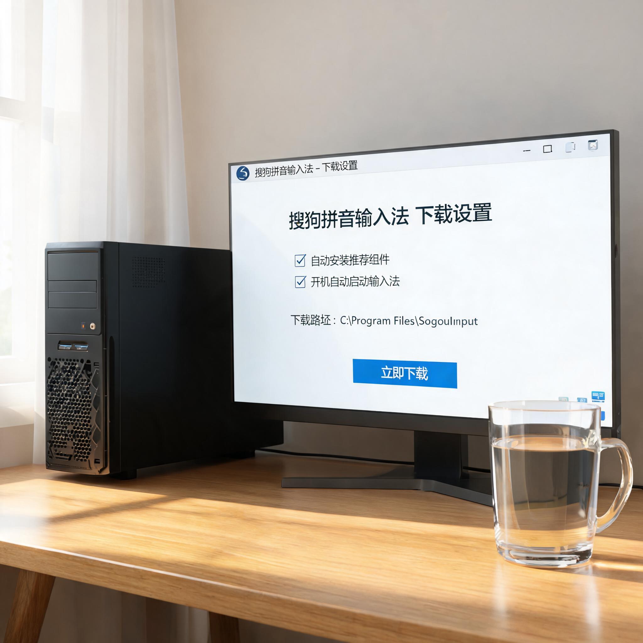书桌上的主机，屏幕显示搜狗拼音输入法下载设置界面，桌角放着水杯，自然光