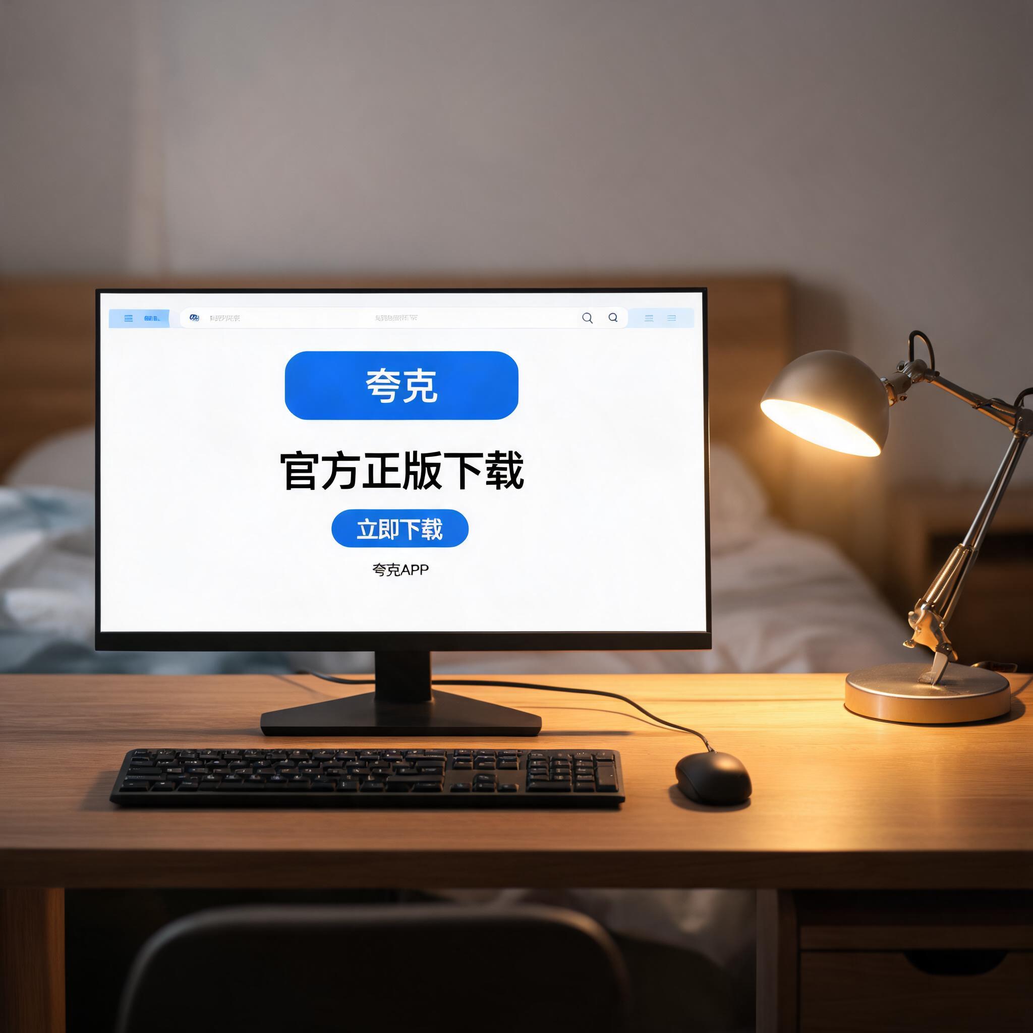 电脑桌上的电脑，屏幕显示夸克 APP 官方正版下载界面，旁边放着台灯