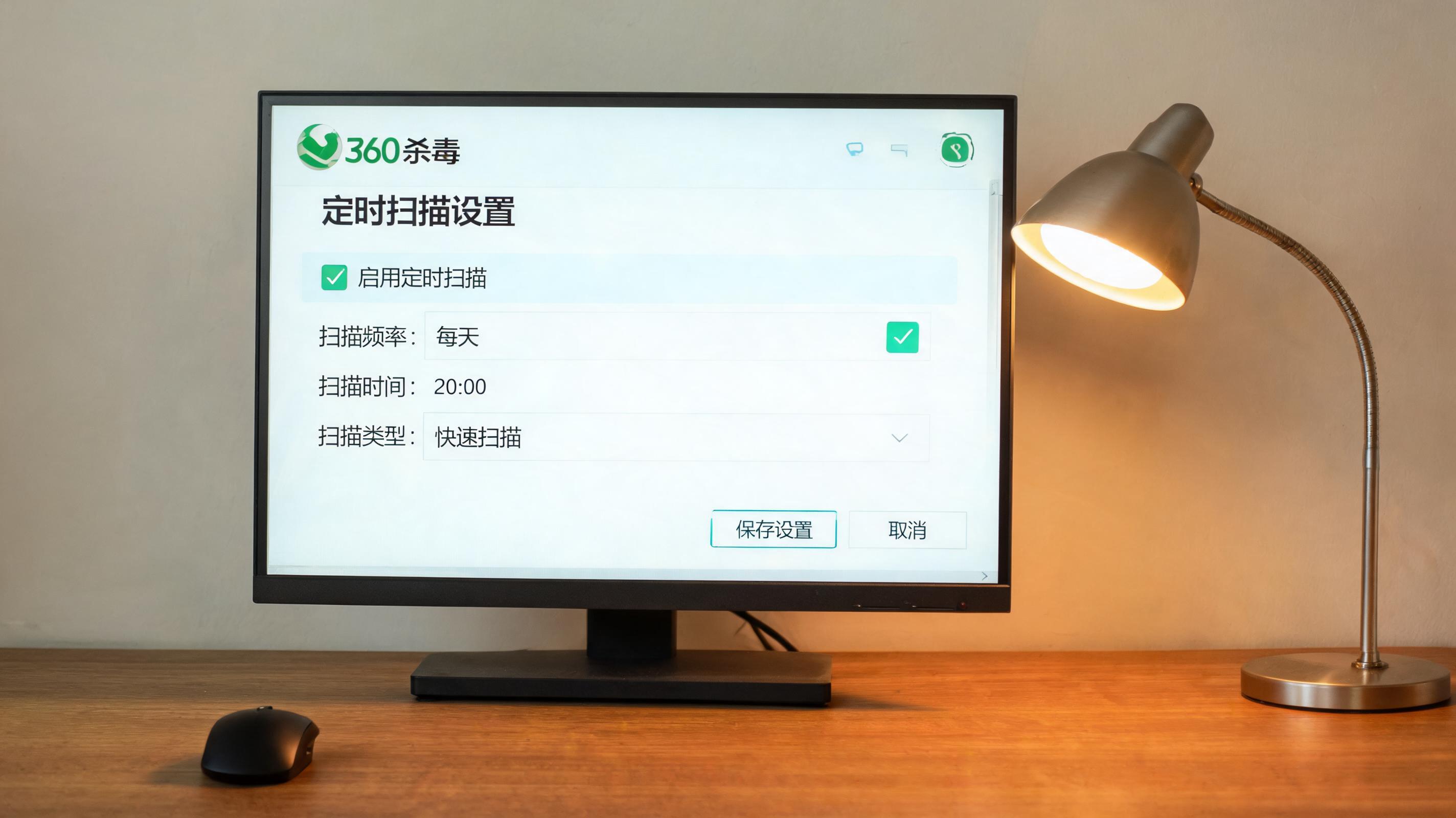 电脑桌上的电脑，屏幕显示360 杀毒软件定时扫描设置菜单，旁边放着台灯