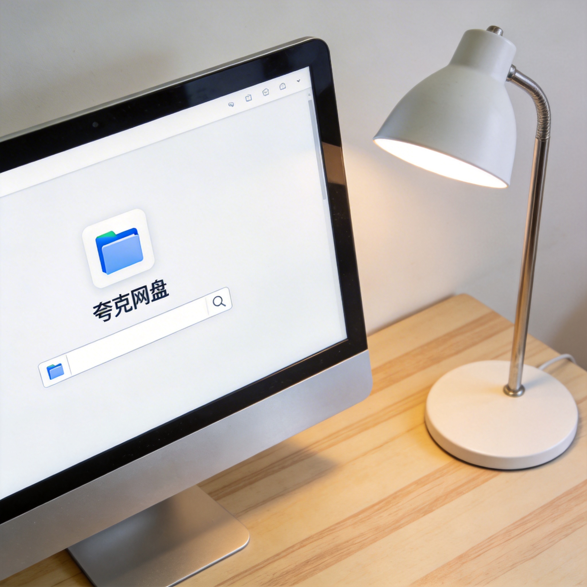 电脑桌上的电脑，屏幕显示夸克网盘桌面，旁边放着台灯
