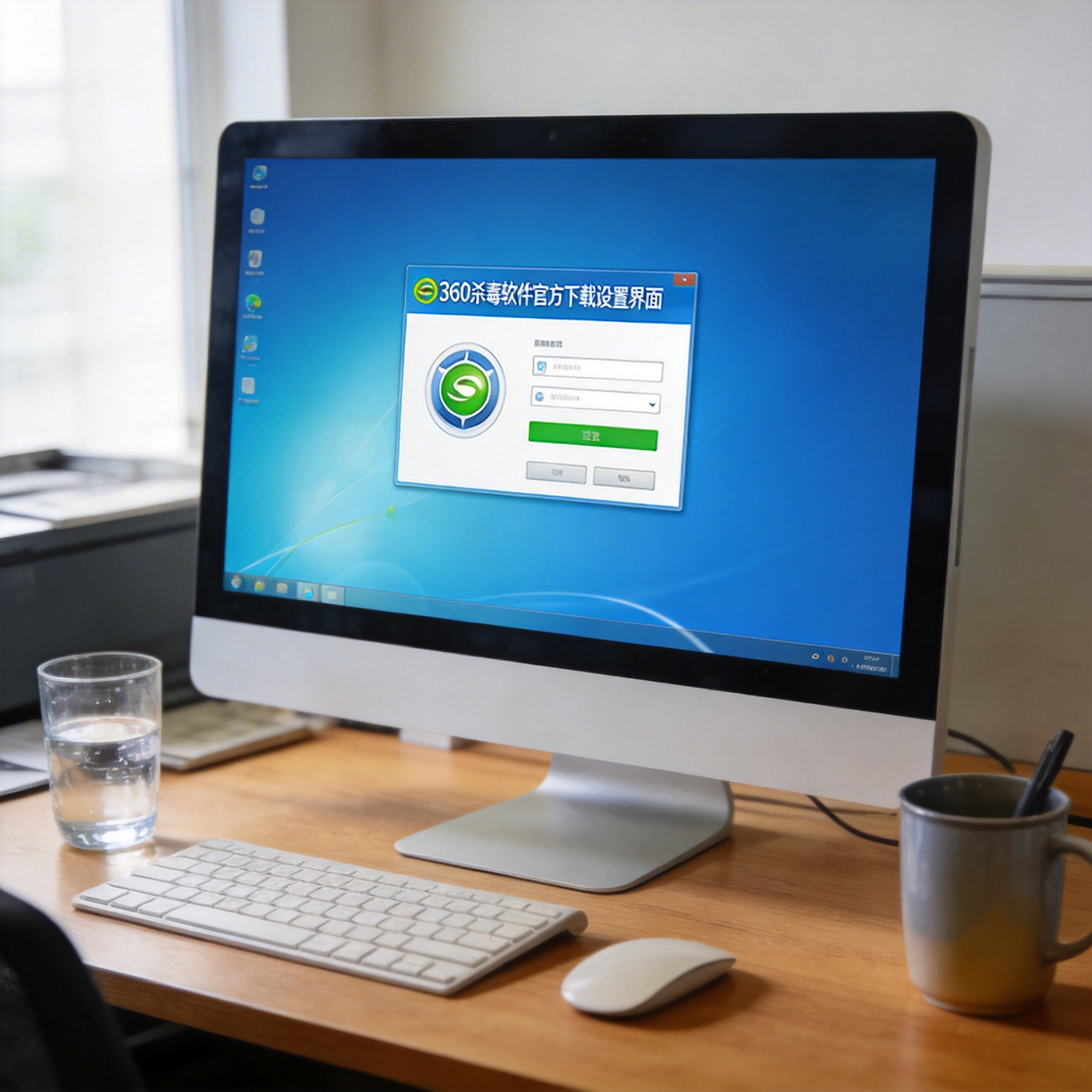 书桌上的电脑，屏幕显示360 杀毒软件官方下载设置界面，桌角放着水杯，自然光