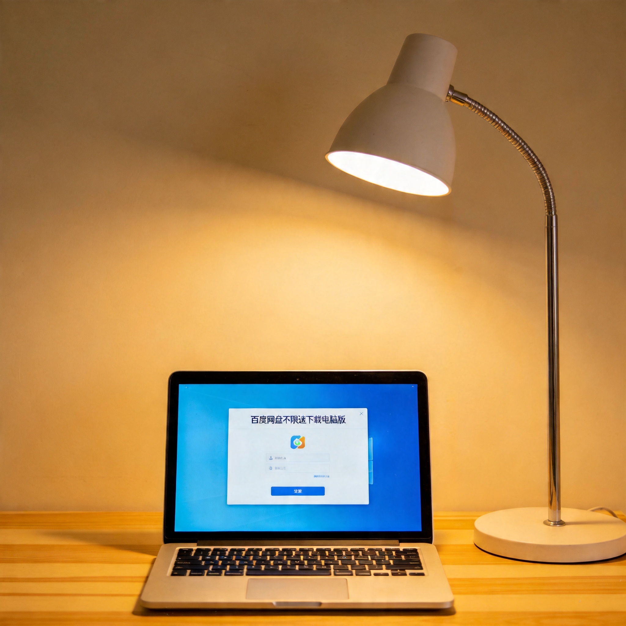 电脑桌上的电脑，屏幕显示百度网盘不限速下载电脑版窗口，旁边放着台灯