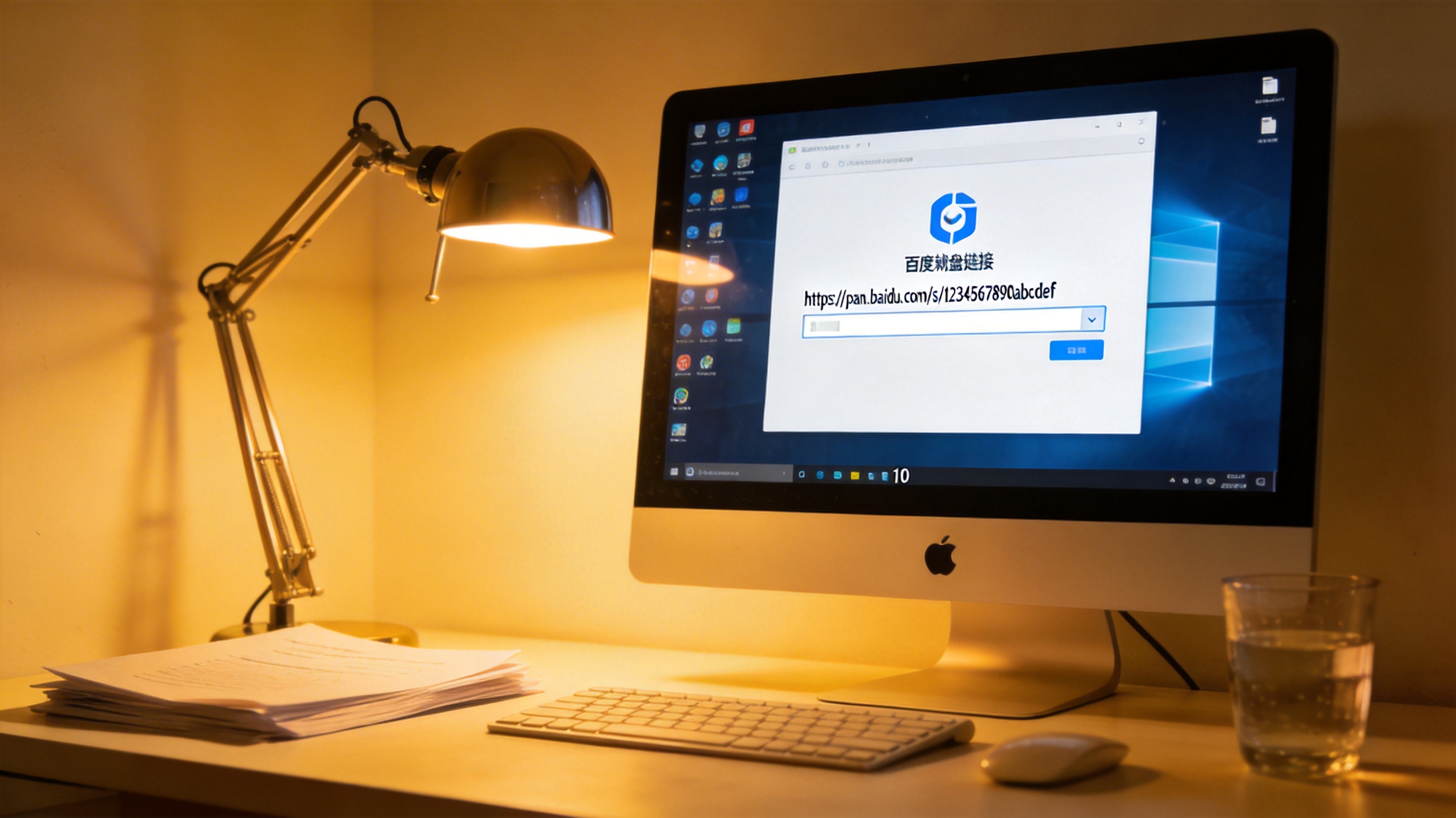 书桌上的Windows10系统电脑，屏幕显示浏览器插件的链接解析界面，输入框内粘贴着百度网盘分享链接，台灯暖光