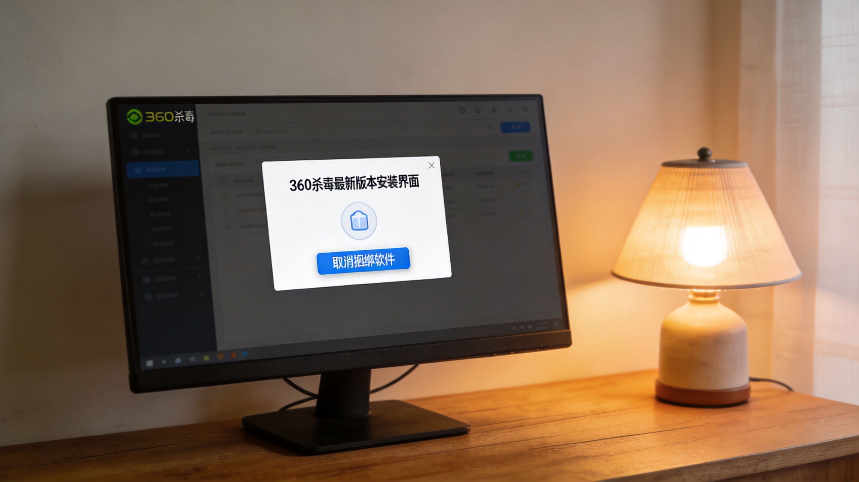 桌面的电脑屏幕显示360杀毒最新版本安装界面，界面上有取消捆绑软件的选项，桌角摆着普通台灯，开着暖光