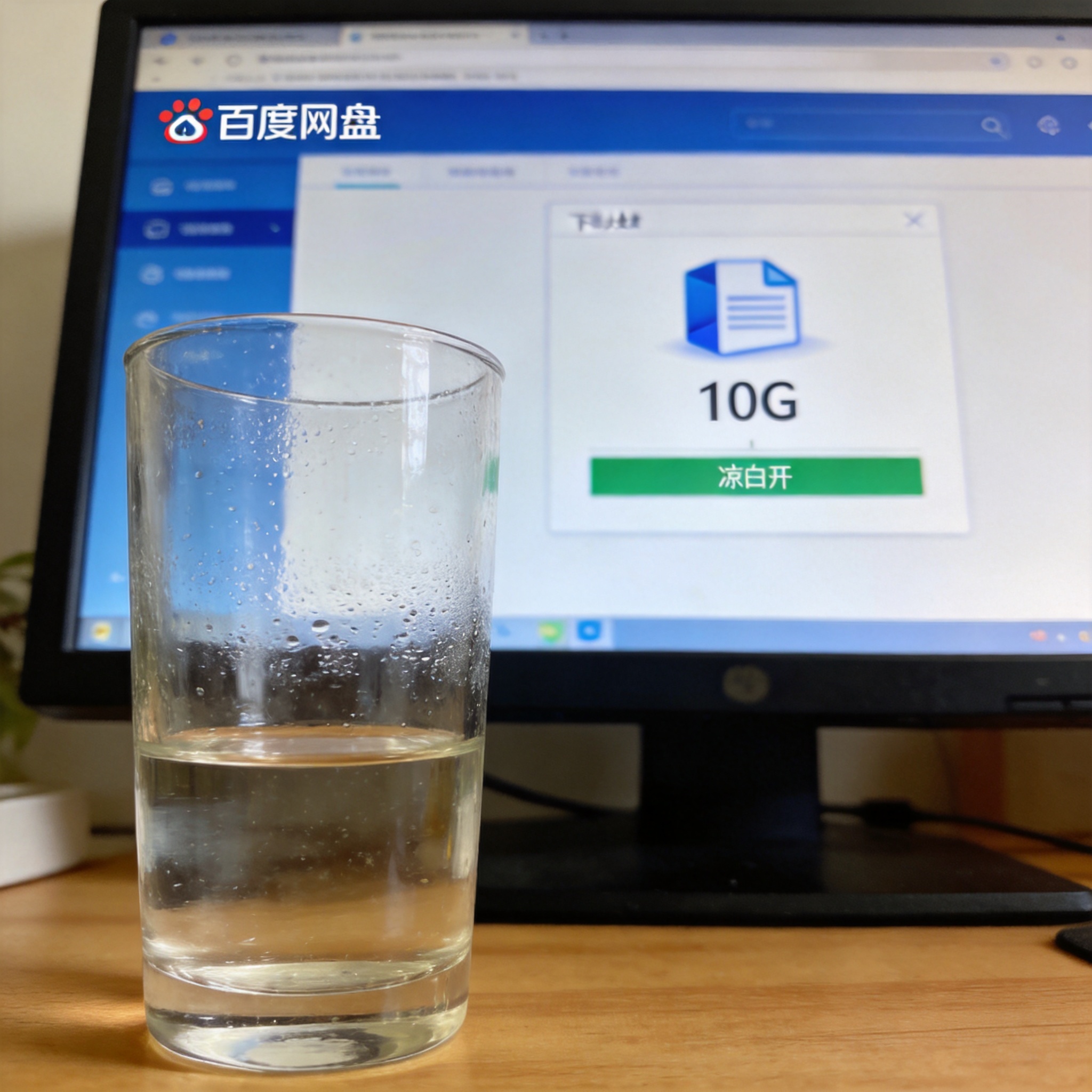 电脑桌的电脑屏幕显示百度网盘客户端界面，正在下载10G大小的文件，桌面放着半杯凉白开，室内自然光