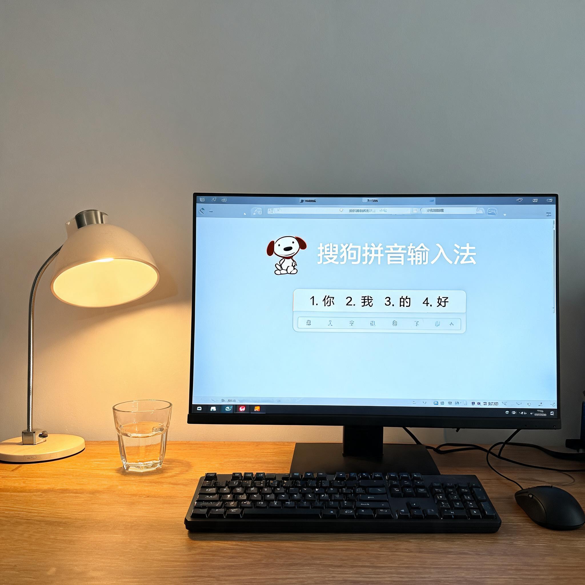 电脑桌上的电脑，屏幕显示搜狗拼音输入法桌面，旁边放着台灯