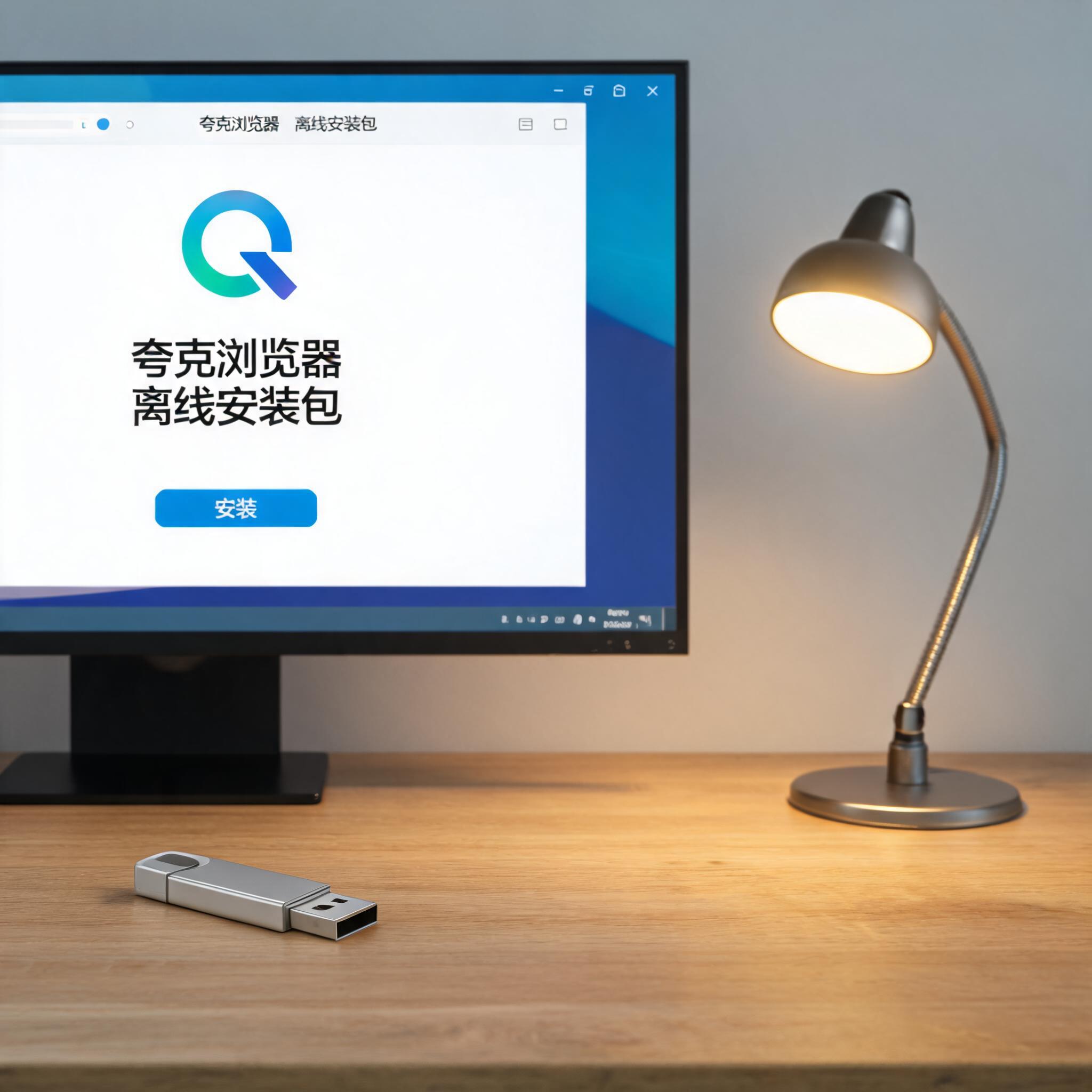 电脑桌上的U盘，屏幕显示夸克浏览器离线安装包界面，旁边放着台灯