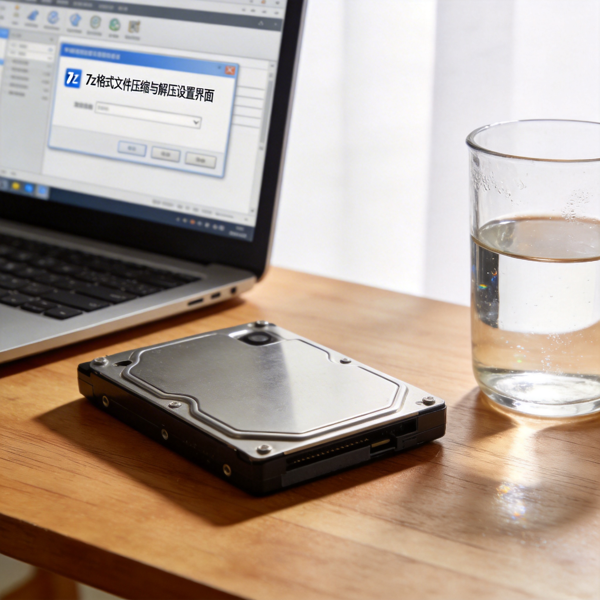 书桌上的硬盘，屏幕显示7z 格式文件压缩与解压设置界面，桌角放着水杯，自然光