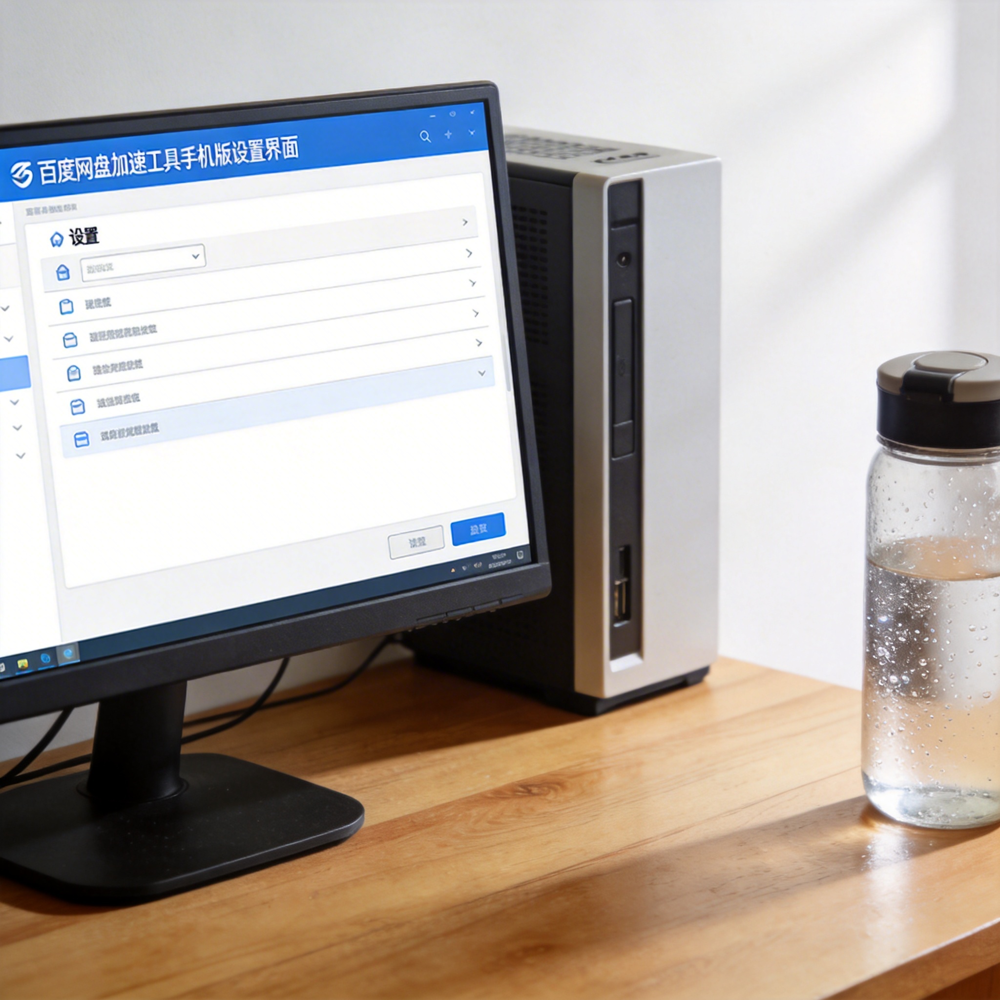 书桌上的主机，屏幕显示百度网盘加速工具手机版设置界面，桌角放着水杯，自然光