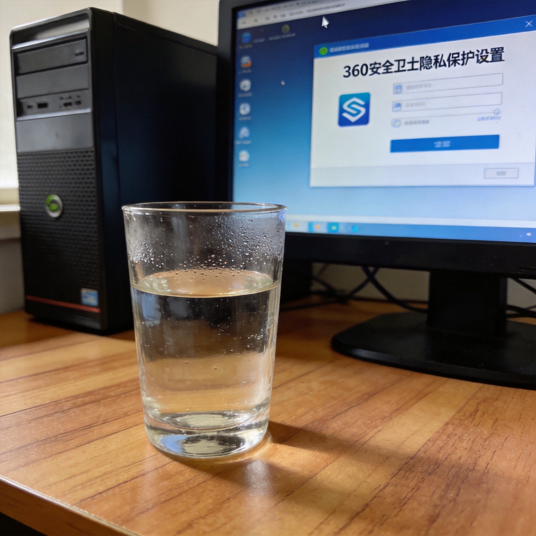 书桌上的主机，屏幕显示360 安全卫士隐私保护设置设置界面，桌角放着水杯，自然光