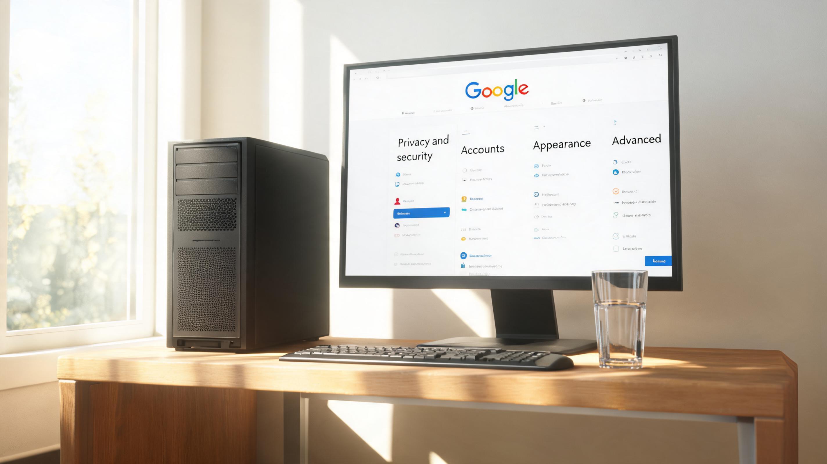 书桌上的主机，屏幕显示google设置界面，桌角放着水杯，自然光