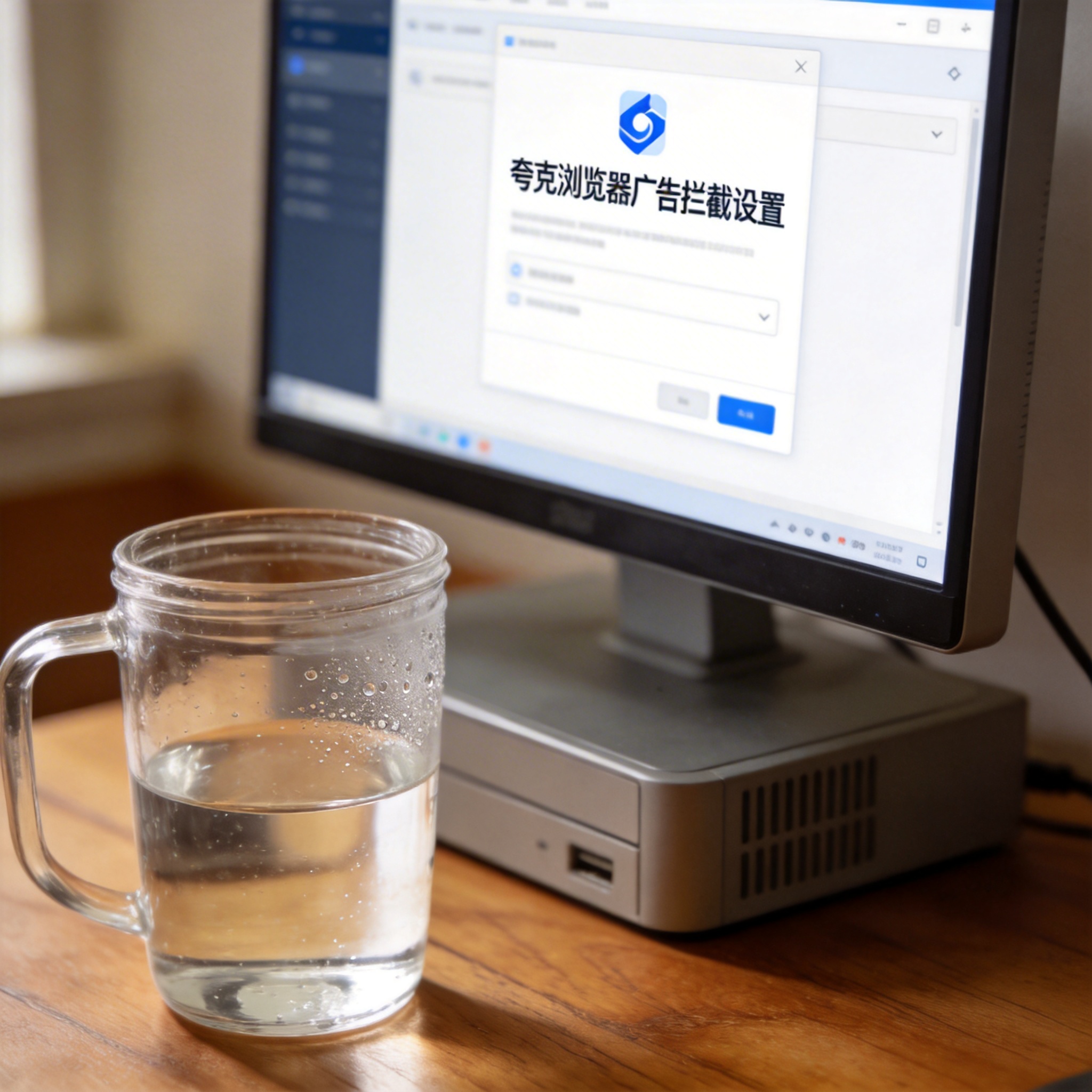 书桌上的主机，屏幕显示夸克浏览器广告拦截设置设置界面，桌角放着水杯，自然光