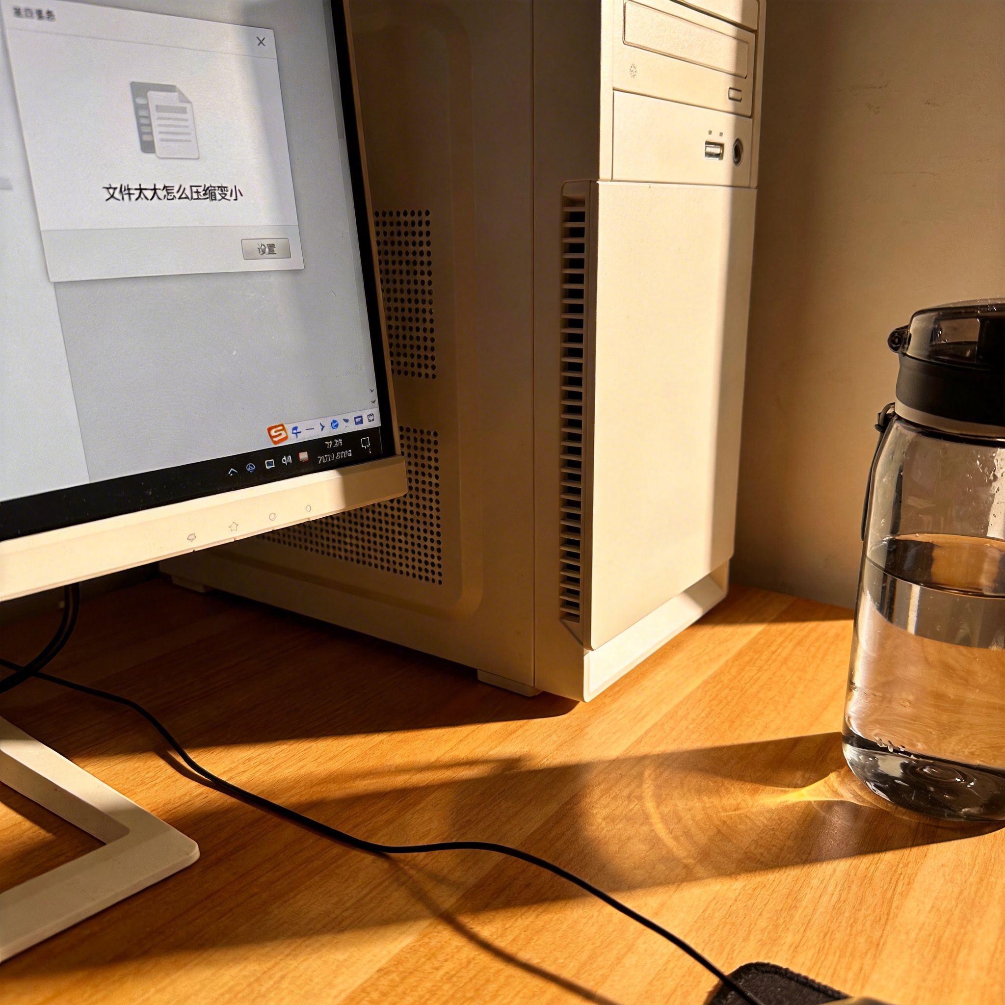 书桌上的主机，屏幕显示文件太大怎么压缩变小设置界面，桌角放着水杯，自然光