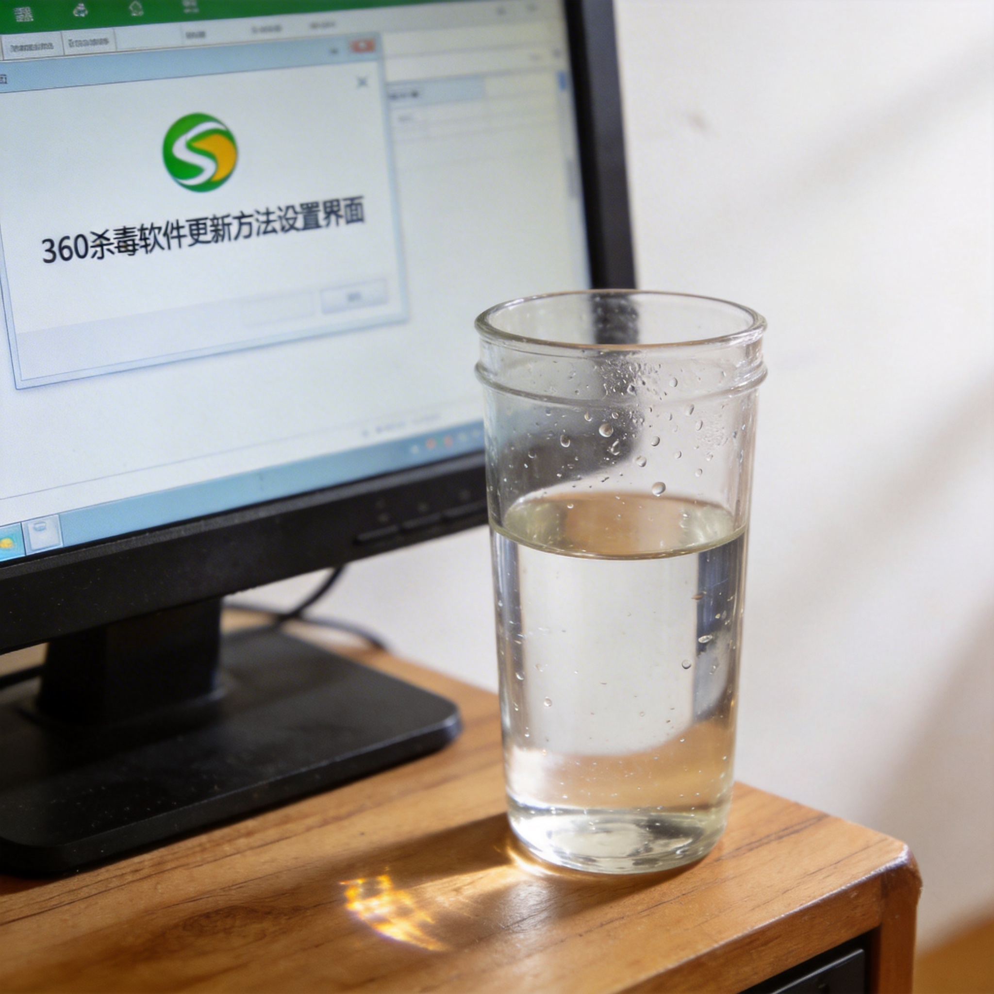 书桌上的主机，屏幕显示360 杀毒软件更新方法设置界面，桌角放着水杯，自然光