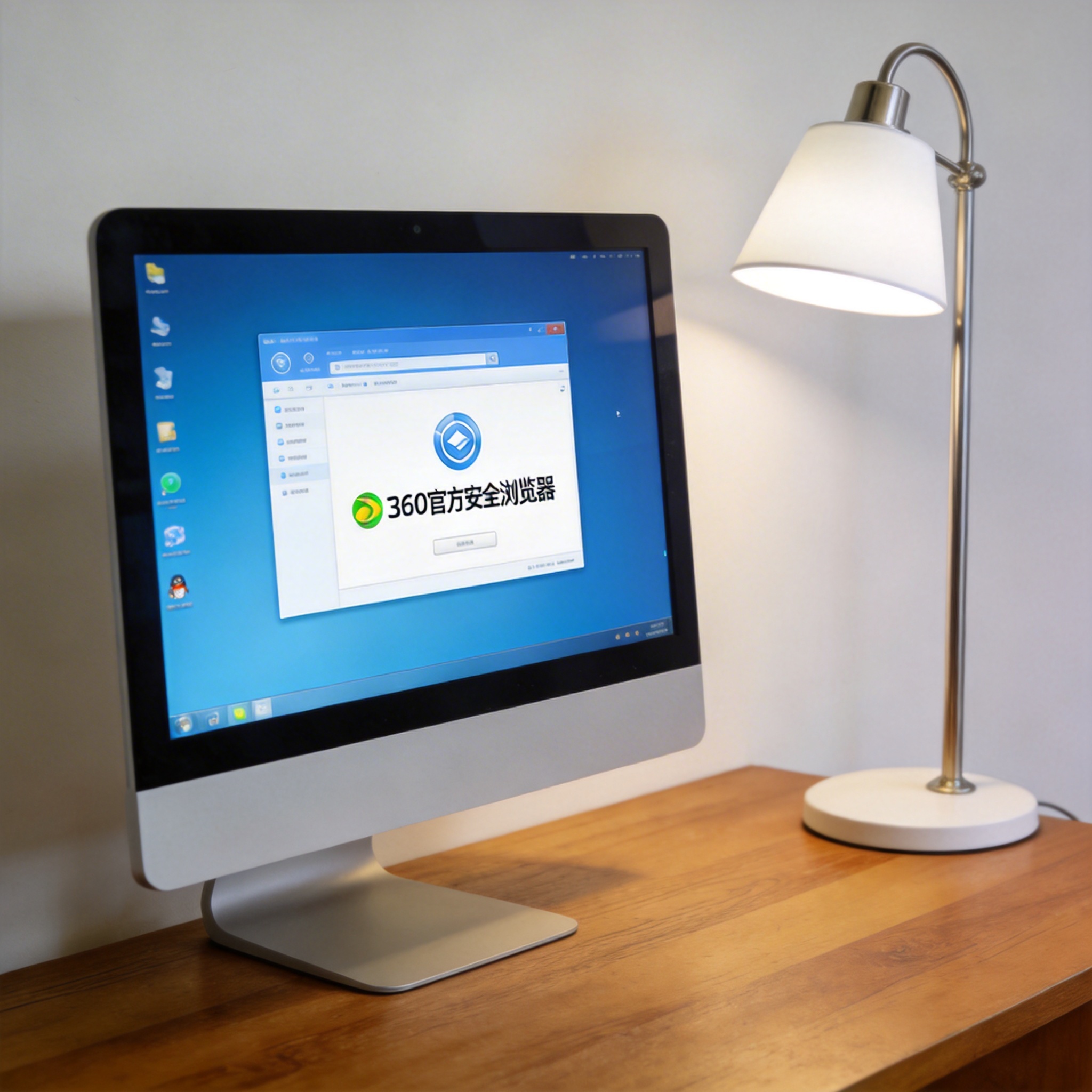 电脑桌上的电脑，屏幕显示360 官方安全浏览器桌面，旁边放着台灯