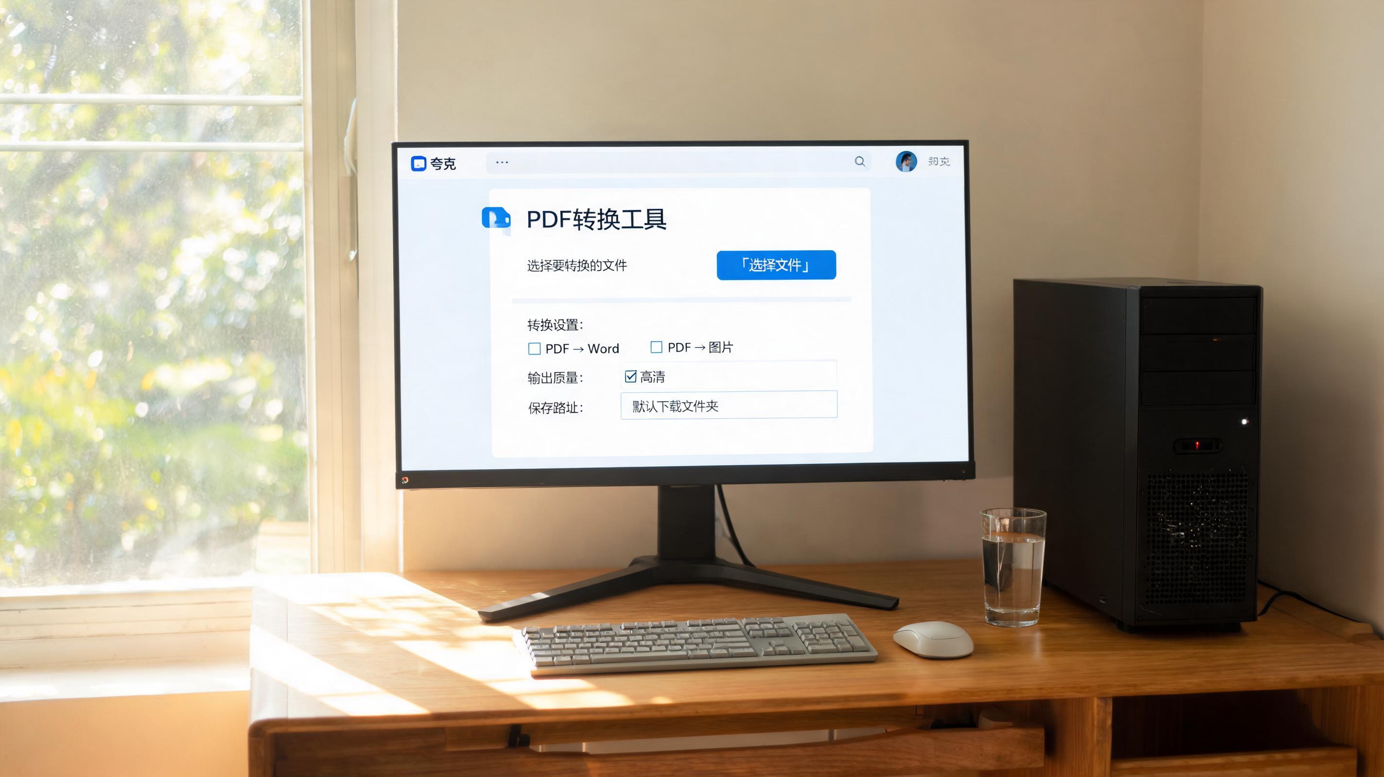 书桌上的主机，屏幕显示夸克浏览器 PDF 转换工具设置界面，桌角放着水杯，自然光