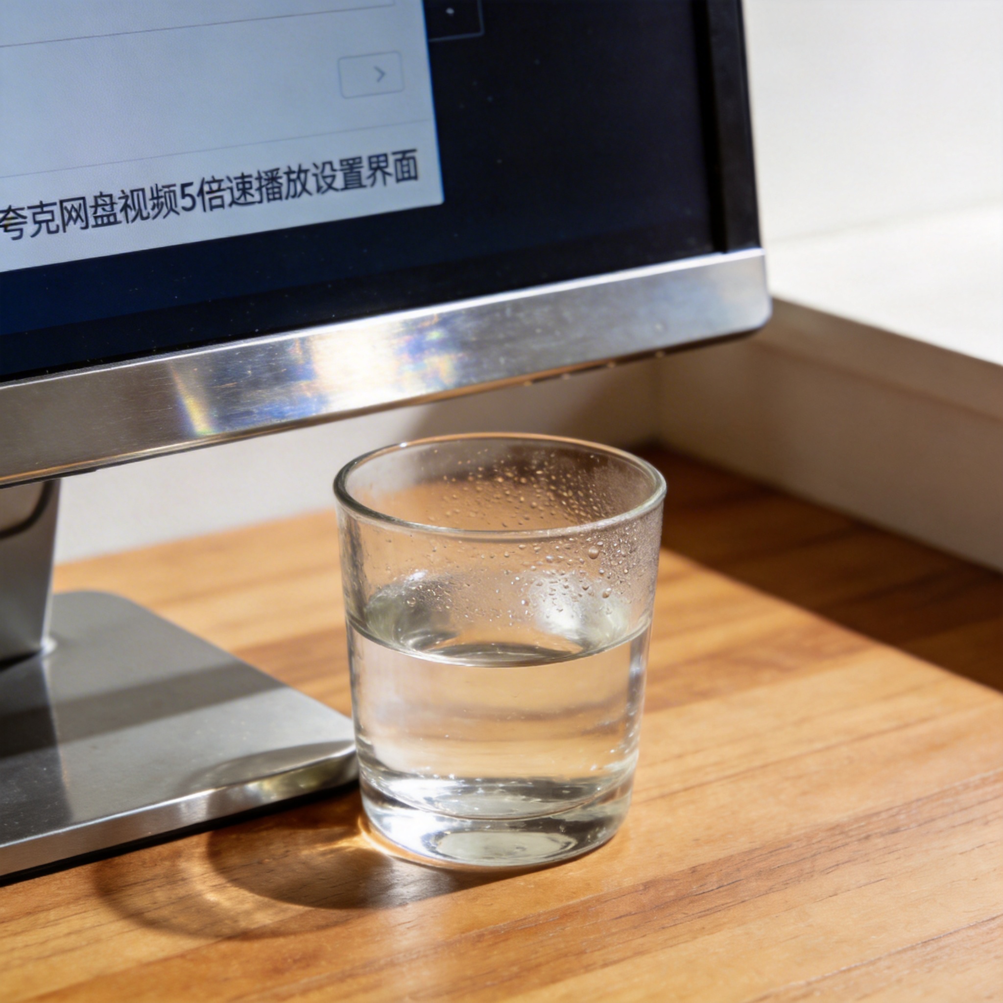 书桌上的电脑，屏幕显示夸克网盘视频 5 倍速播放设置界面，桌角放着水杯，自然光