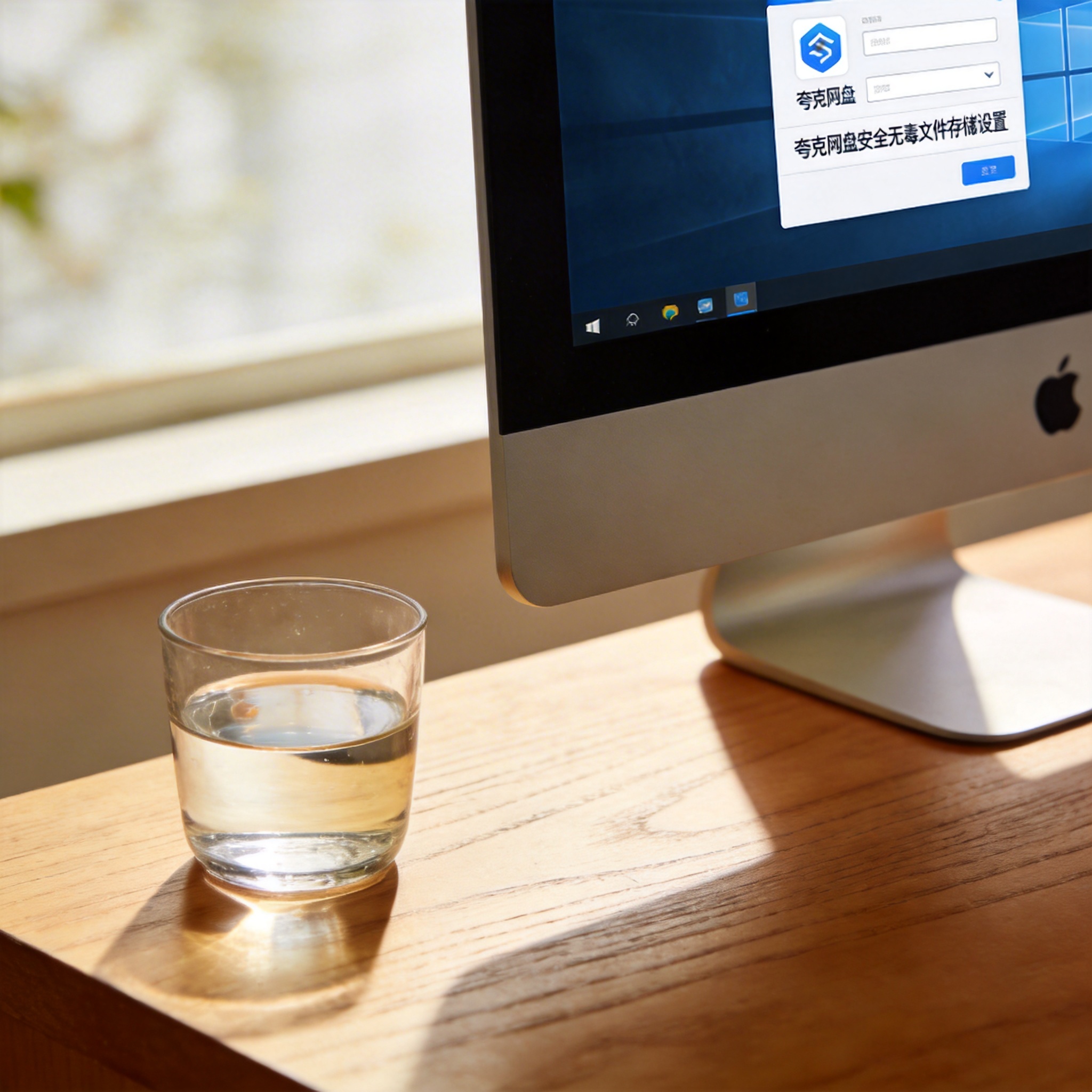 书桌上的主机，屏幕显示夸克网盘安全无毒文件存储设置界面，桌角放着水杯，自然光